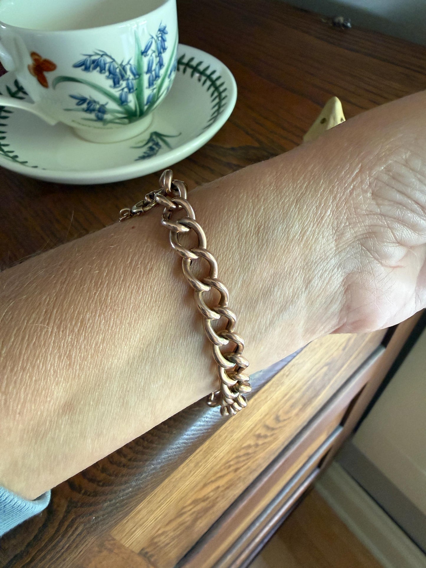 Victorian ANTIQUE 8.4mm Wide Curb Chain Bracelet with XL Spring Ring Bolt Clasp 8k Rosy Gold Wriststack Staple