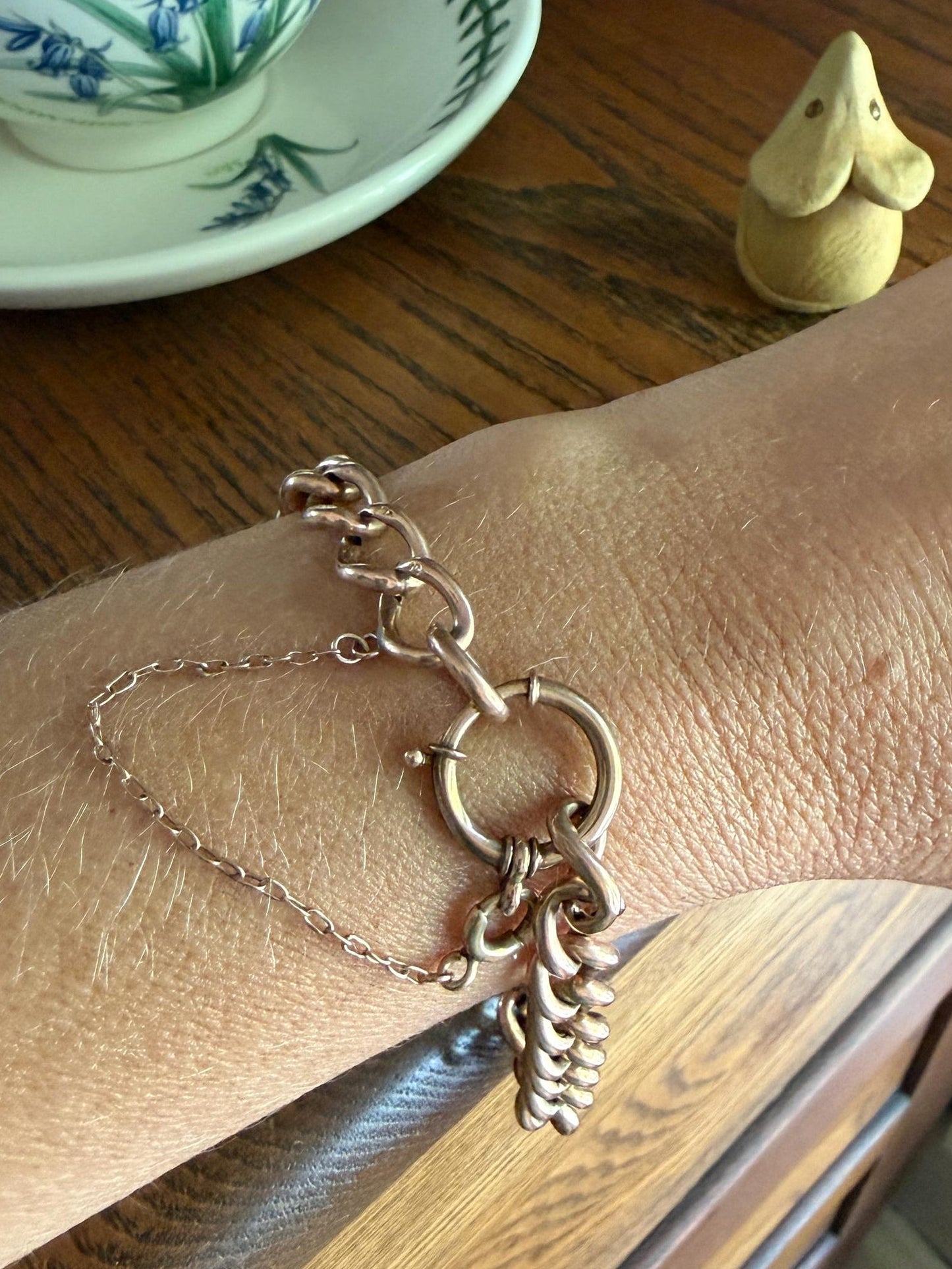 Victorian ANTIQUE 8.4mm Wide Curb Chain Bracelet with XL Spring Ring Bolt Clasp 8k Rosy Gold Wriststack Staple