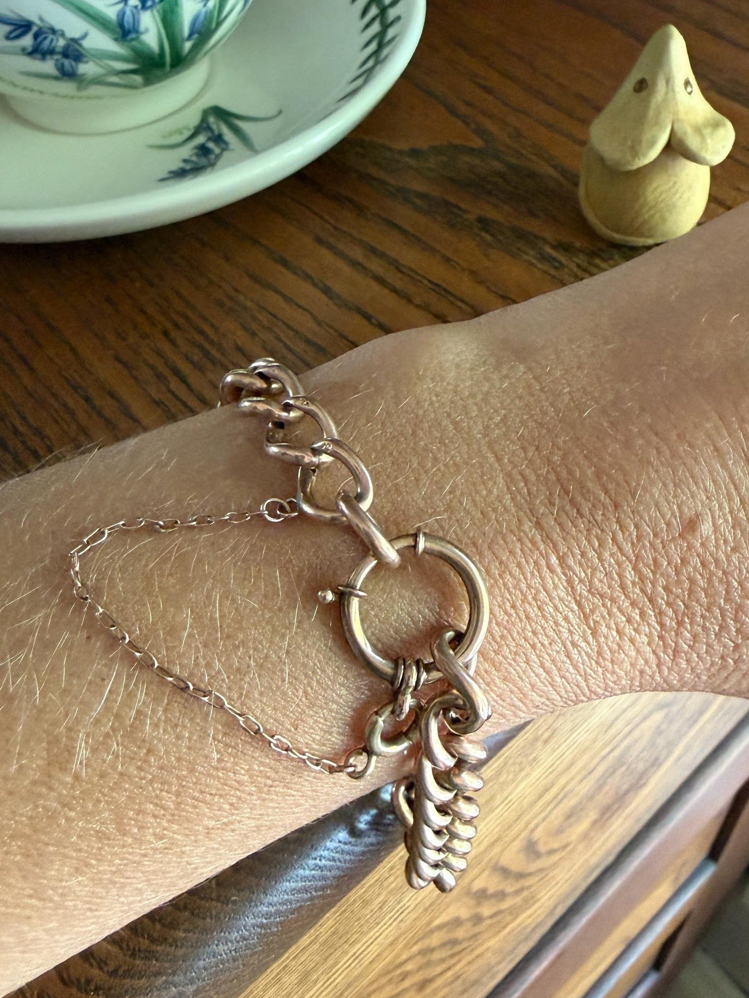 Victorian ANTIQUE 8.4mm Wide Curb Chain Bracelet with XL Spring Ring Bolt Clasp 8k Rosy Gold Wriststack Staple