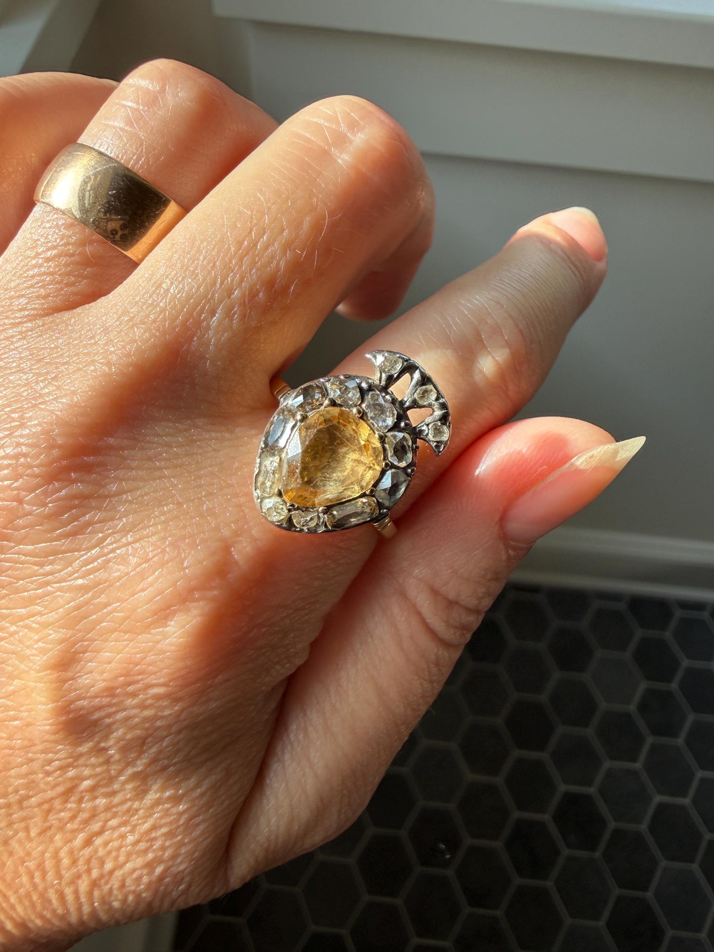 Rare Georgian Era Crowned HEART Ring Pear Precious Golden Yellow Topaz Elongated Old Mine Rose Cut DIAMOND Halo 18k Gold Silver Figural