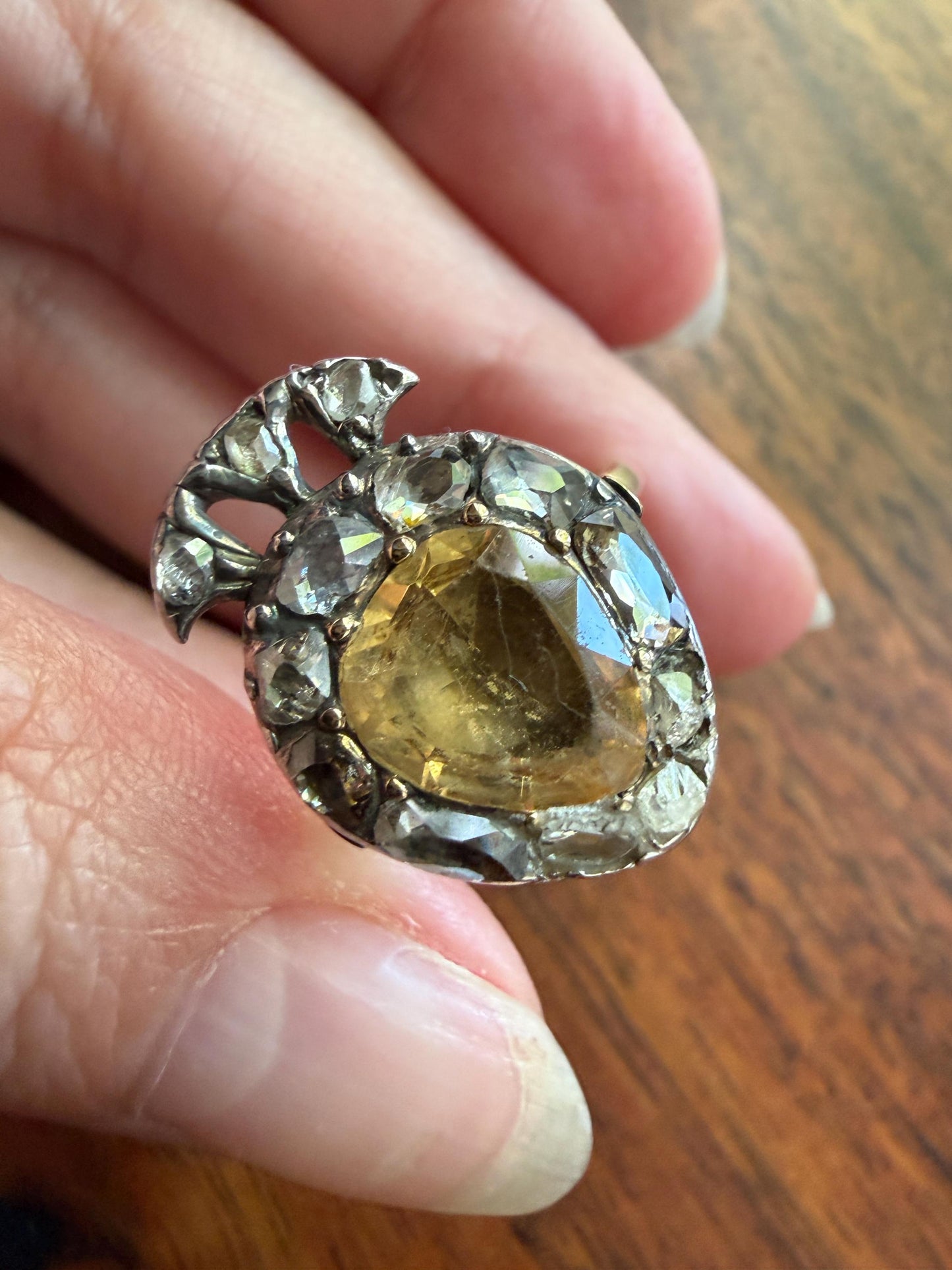 Rare Georgian Era Crowned HEART Ring Pear Precious Golden Yellow Topaz Elongated Old Mine Rose Cut DIAMOND Halo 18k Gold Silver Figural