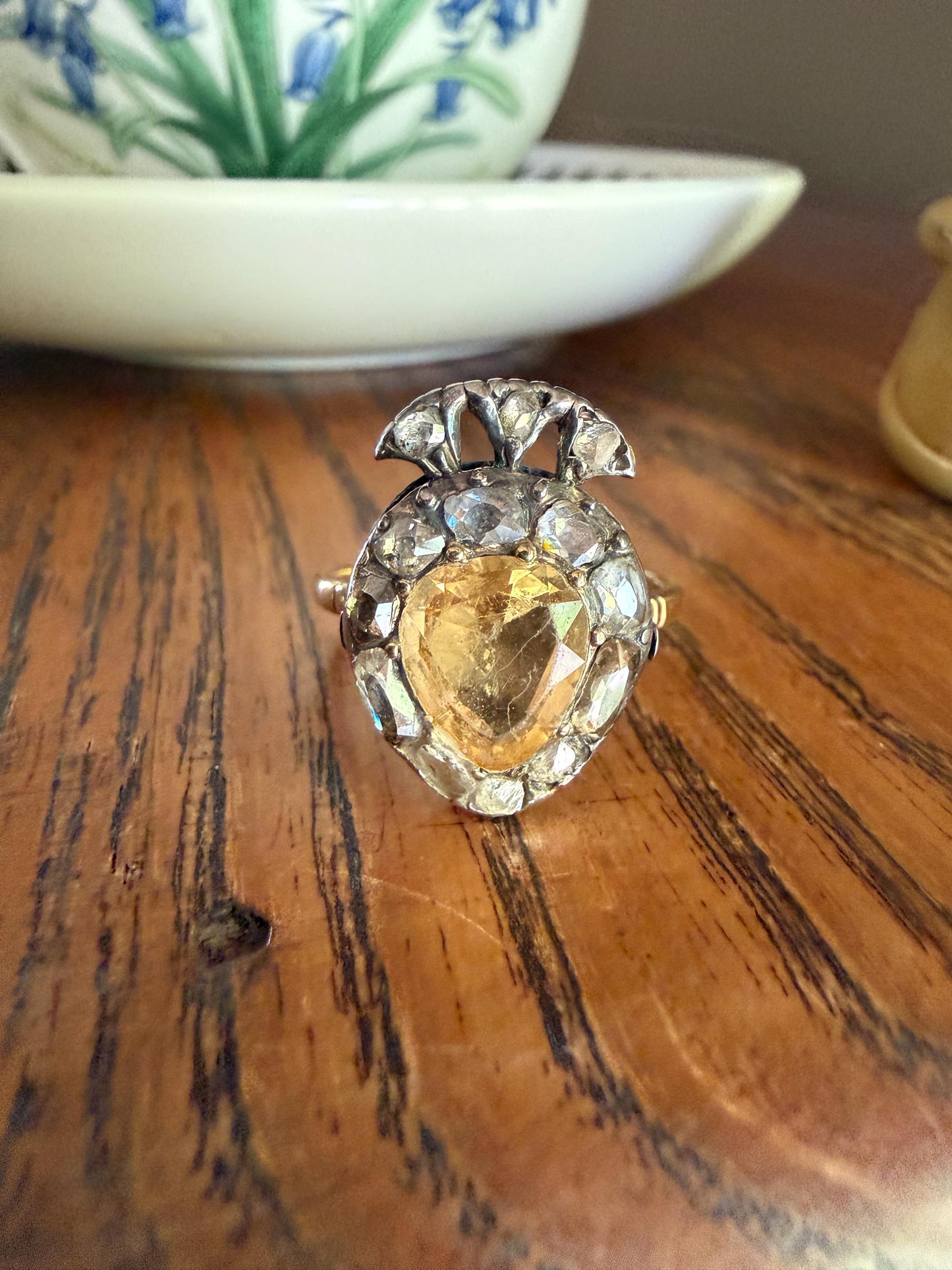 Rare Georgian Era Crowned HEART Ring Pear Precious Golden Yellow Topaz Elongated Old Mine Rose Cut DIAMOND Halo 18k Gold Silver Figural