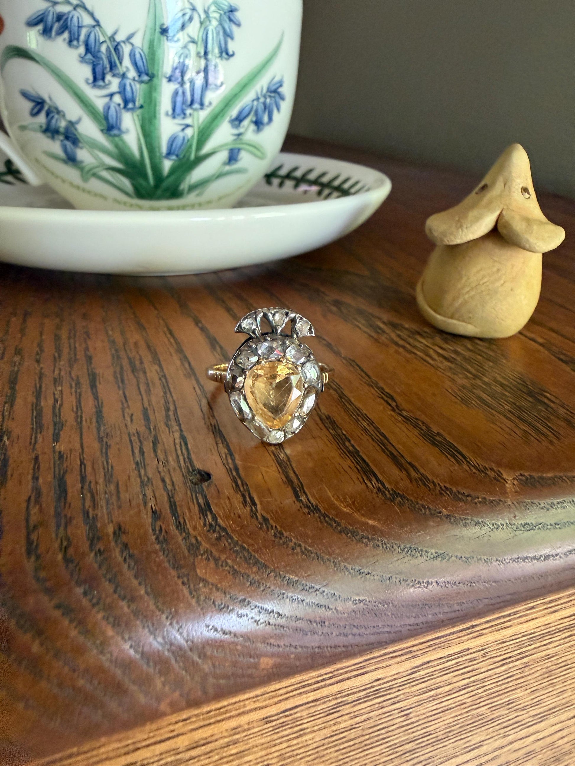 Rare Georgian Era Crowned HEART Ring Pear Precious Golden Yellow Topaz Elongated Old Mine Rose Cut DIAMOND Halo 18k Gold Silver Figural