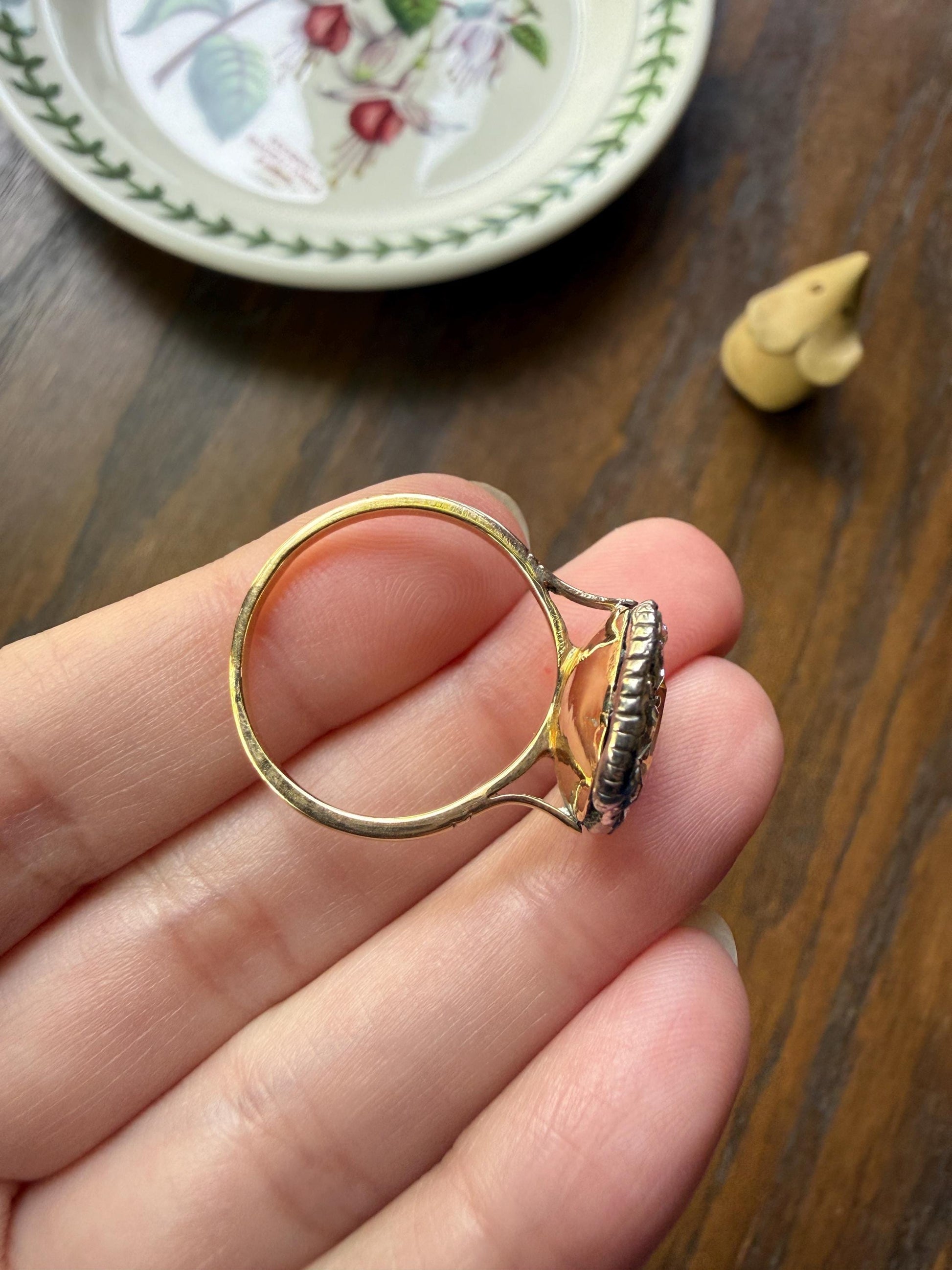 Rare Georgian Era Crowned HEART Ring Pear Precious Golden Yellow Topaz Elongated Old Mine Rose Cut DIAMOND Halo 18k Gold Silver Figural