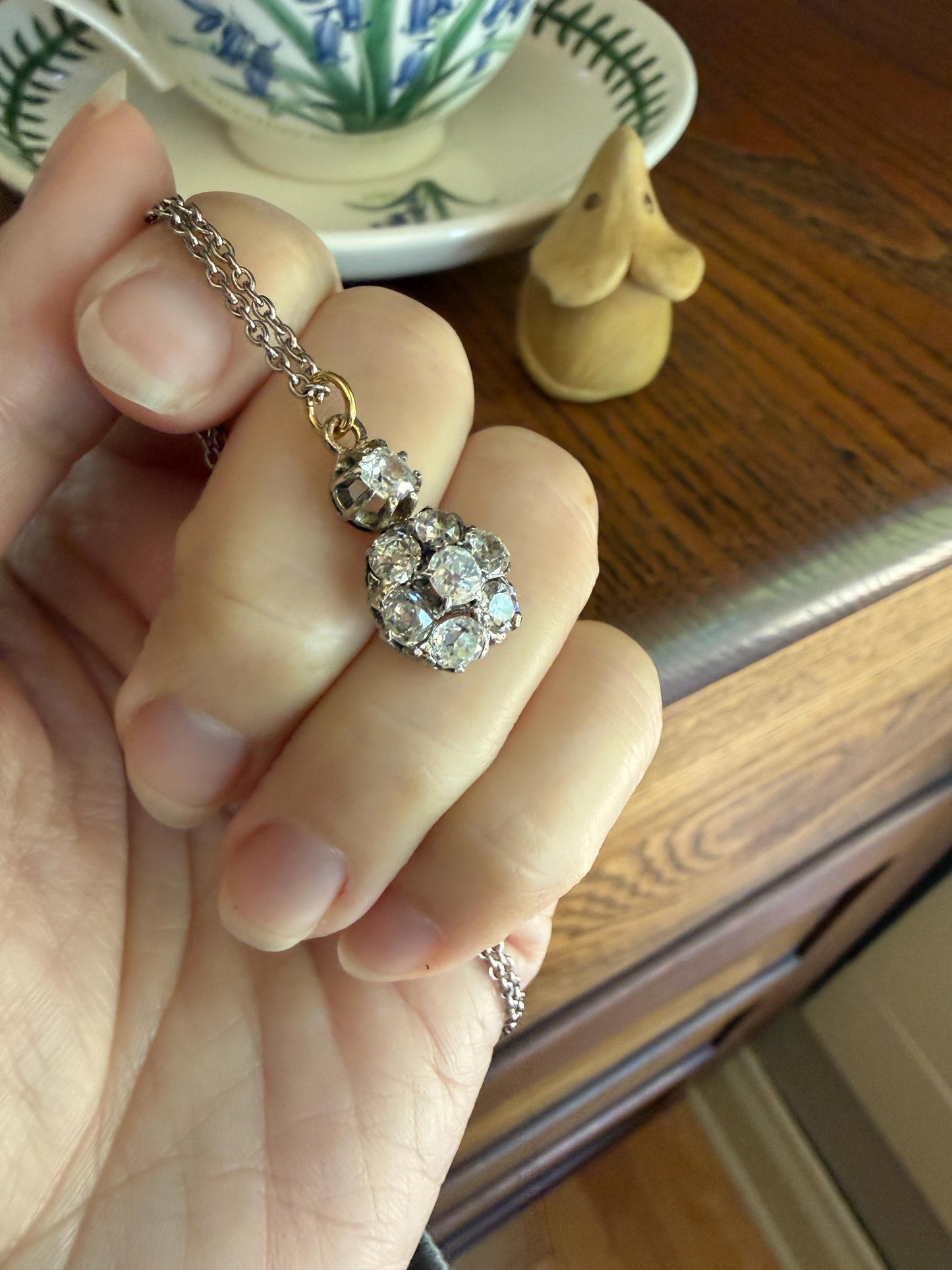 Antique 2.1 Carats Old Mine Cut DIAMOND Daisy Cluster Pendant on Chain Necklace French 18k Gold OMC 2.1Ctw Art Deco