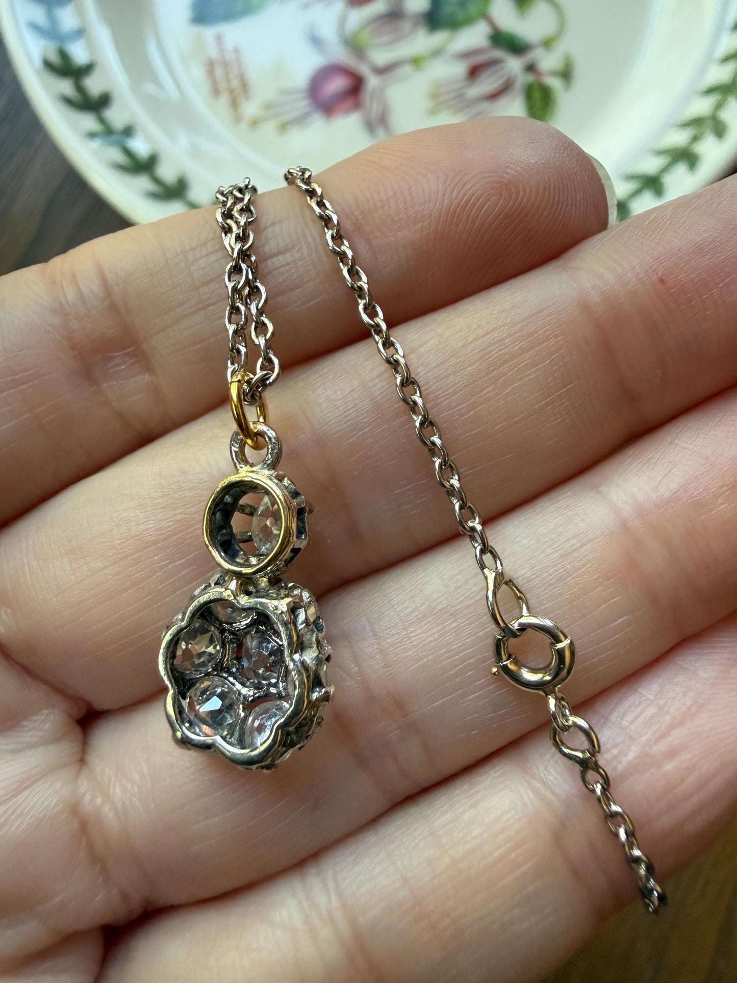 Antique 2.1 Carats Old Mine Cut DIAMOND Daisy Cluster Pendant on Chain Necklace French 18k Gold OMC 2.1Ctw Art Deco