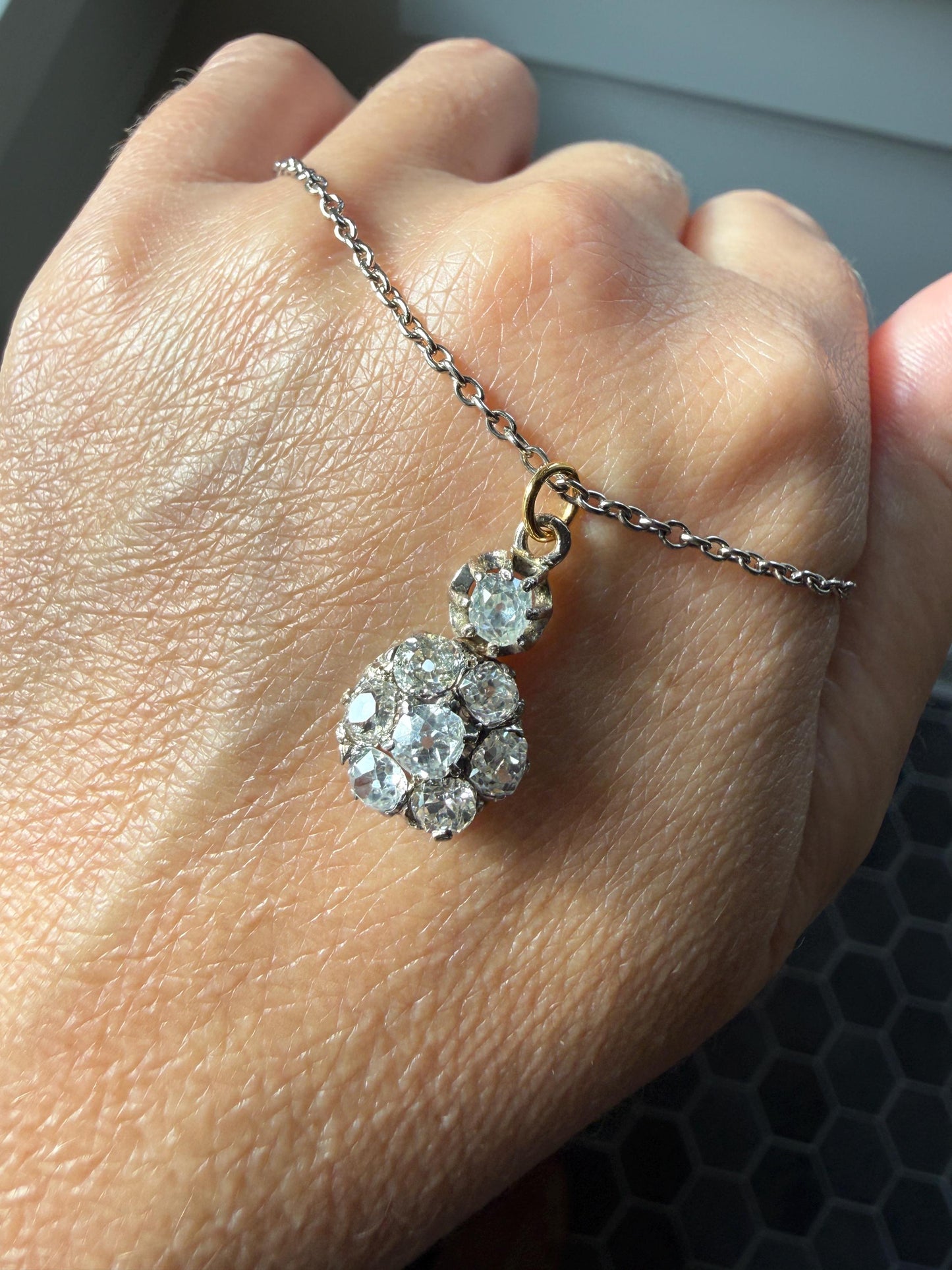 Antique 2.1 Carats Old Mine Cut DIAMOND Daisy Cluster Pendant on Chain Necklace French 18k Gold OMC 2.1Ctw Art Deco