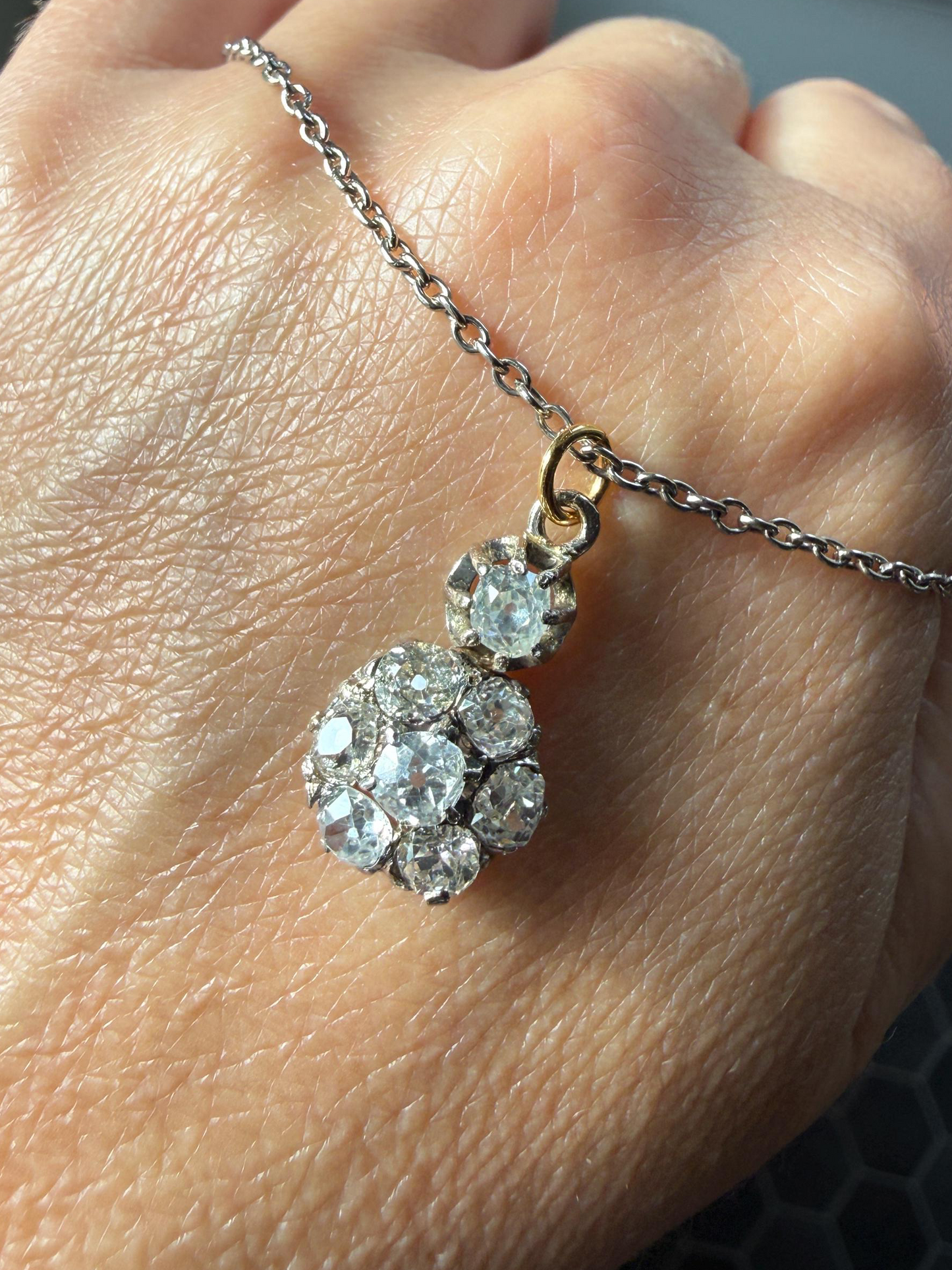 Antique 2.1 Carats Old Mine Cut DIAMOND Daisy Cluster Pendant on Chain Necklace French 18k Gold OMC 2.1Ctw Art Deco