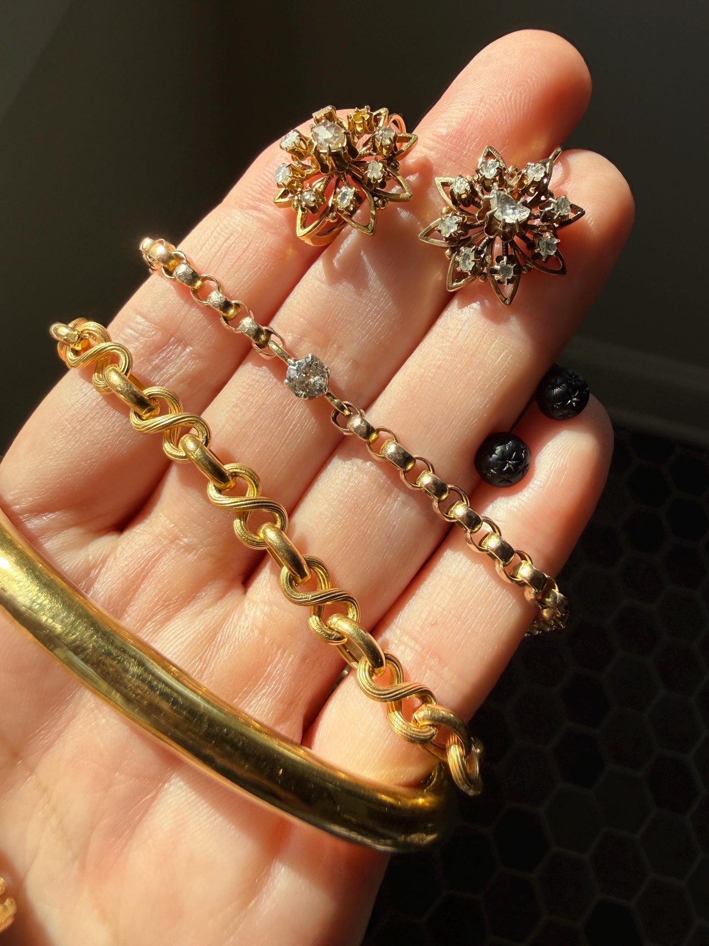 Dainty Antique Old Mine Cut Diamond 9k GOLD Solid Faceted Rolo Belcher Round Link Chain 7.5" Bracelet Minimalist Staple Wriststack Small