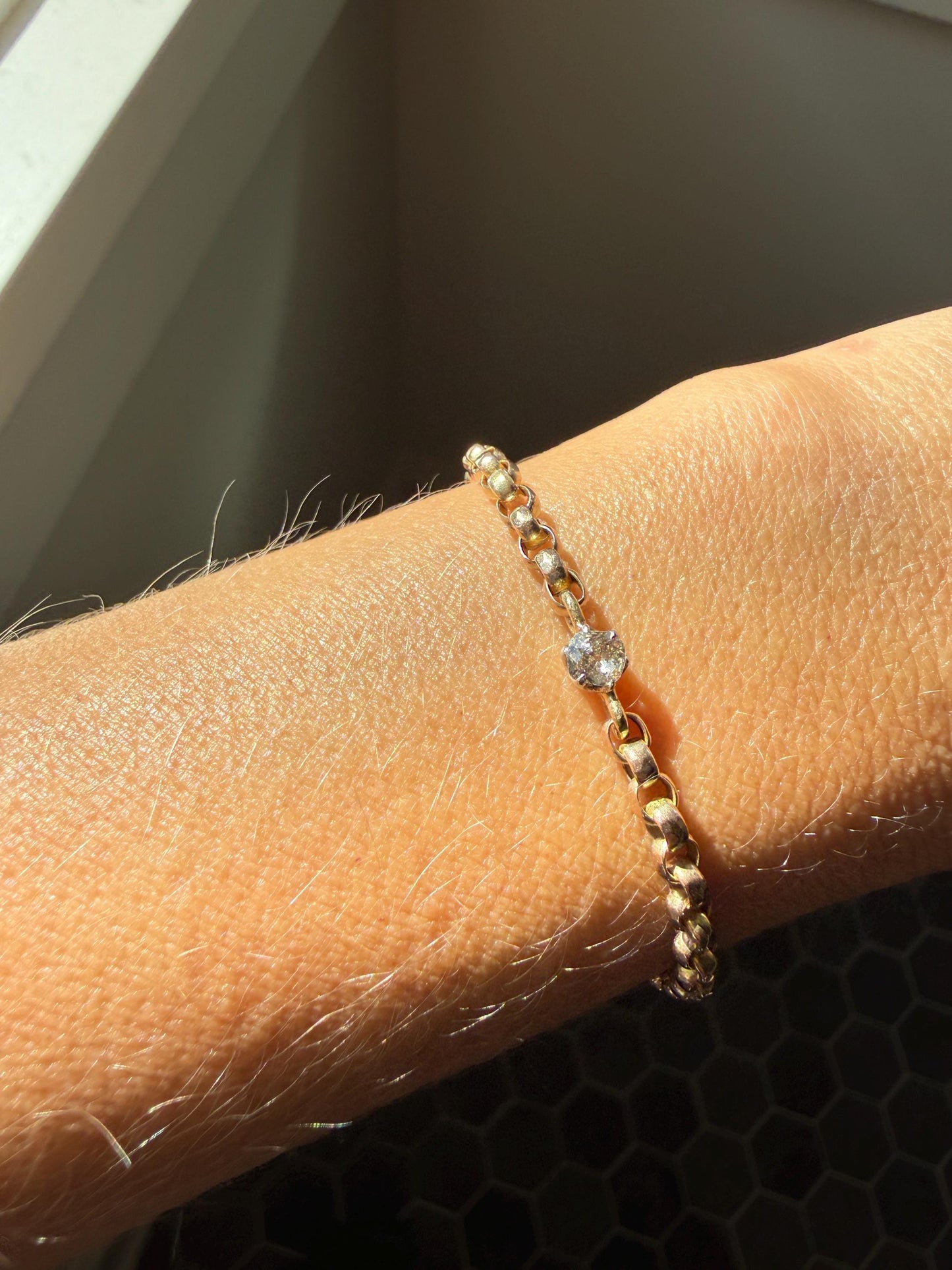 Dainty Antique Old Mine Cut Diamond 9k GOLD Solid Faceted Rolo Belcher Round Link Chain 7.5" Bracelet Minimalist Staple Wriststack Small