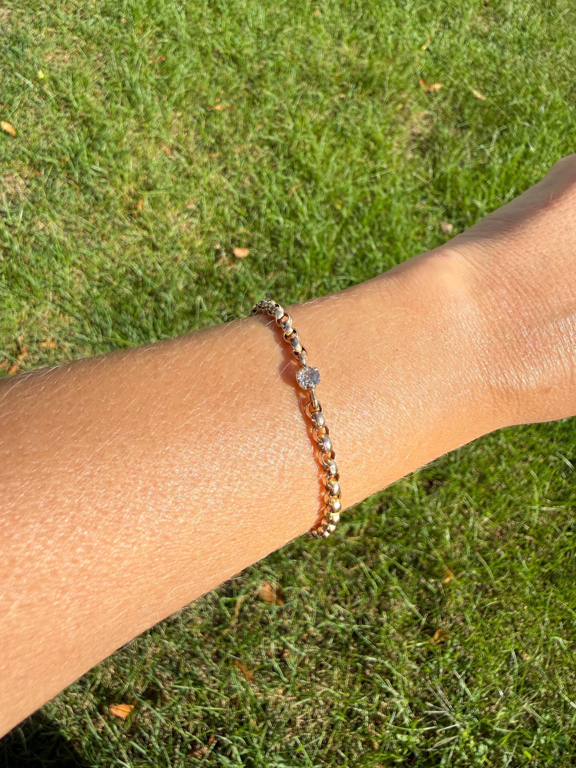 Dainty Antique Old Mine Cut Diamond 9k GOLD Solid Faceted Rolo Belcher Round Link Chain 7.5" Bracelet Minimalist Staple Wriststack Small