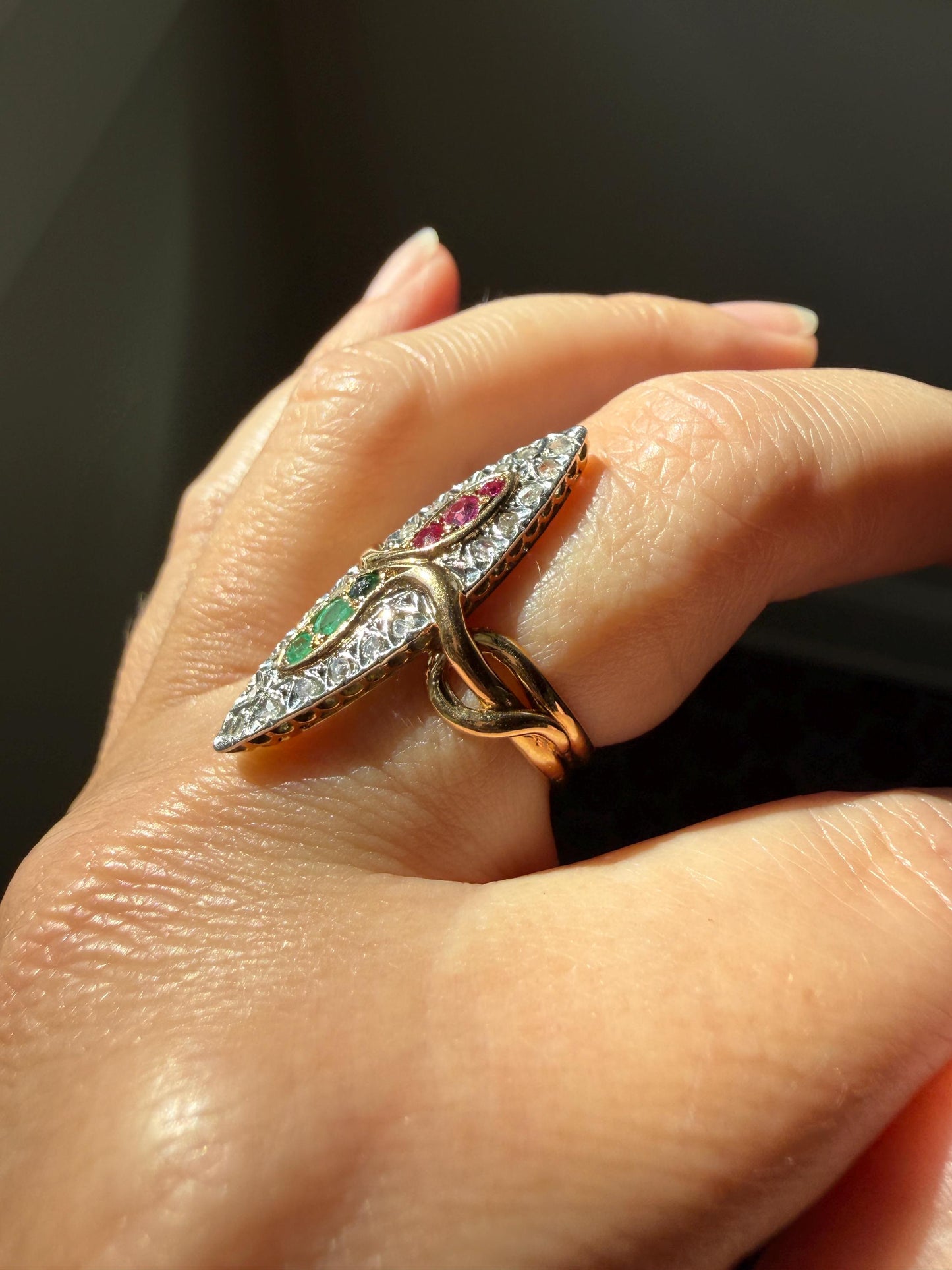 Double SNAKES Antique Ring Natural Ruby Emerald Rose Cut DIAMOND Halo Navette Ring 18k Gold Platinum Red Green Victorian