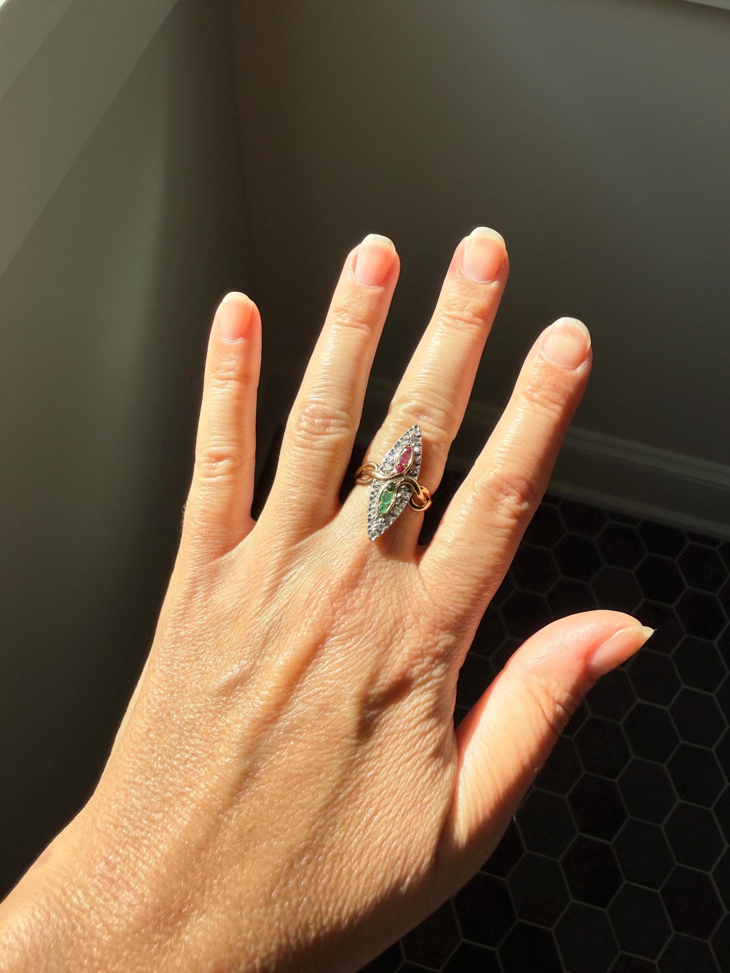 Double SNAKES Antique Ring Natural Ruby Emerald Rose Cut DIAMOND Halo Navette Ring 18k Gold Platinum Red Green Victorian
