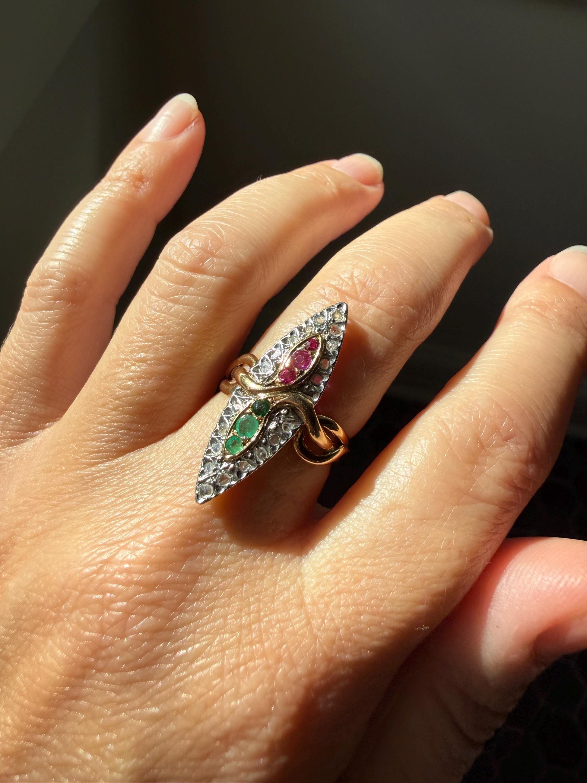 Double SNAKES Antique Ring Natural Ruby Emerald Rose Cut DIAMOND Halo Navette Ring 18k Gold Platinum Red Green Victorian