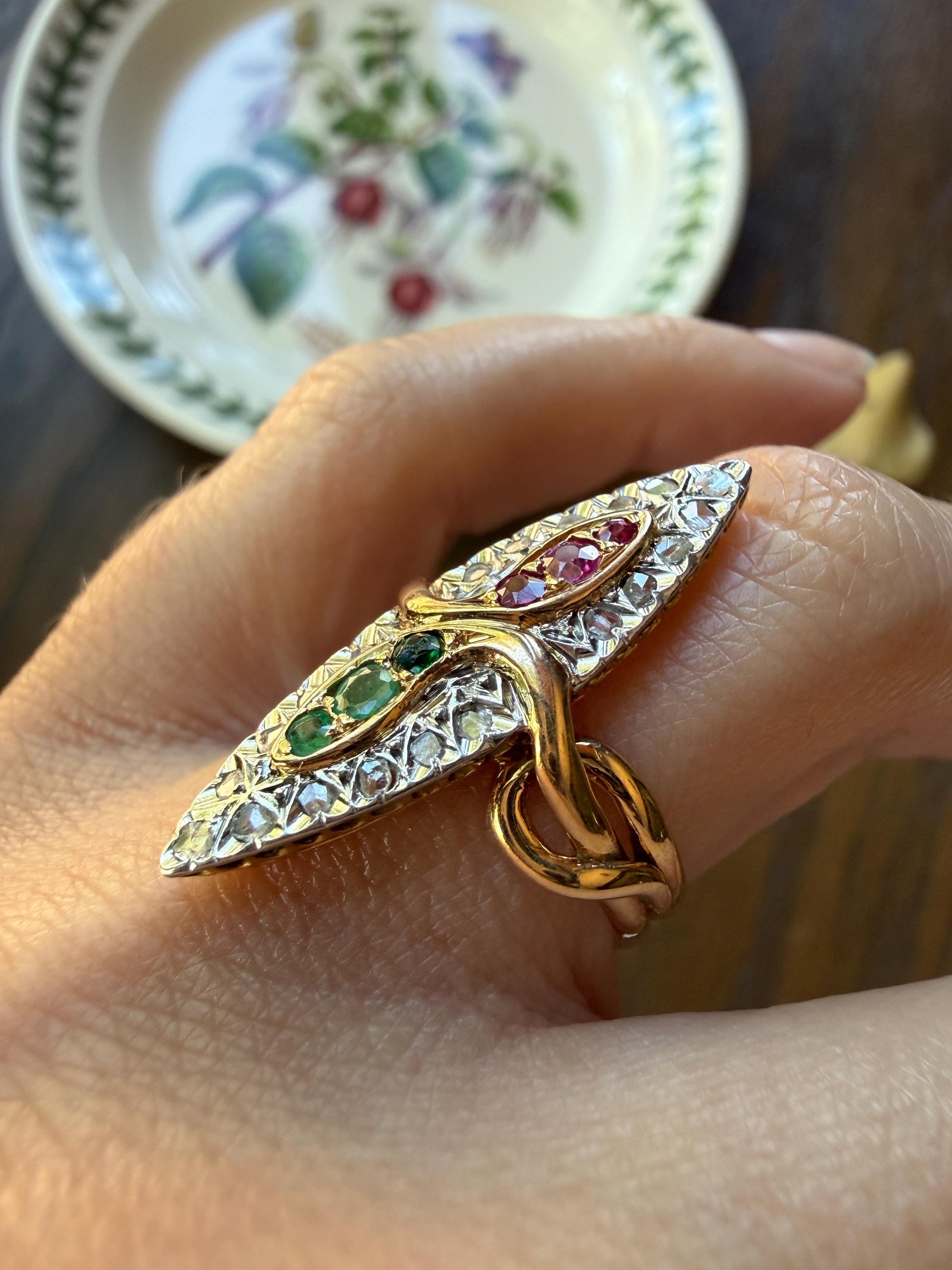 Double SNAKES Antique Ring Natural Ruby Emerald Rose Cut DIAMOND Halo Navette Ring 18k Gold Platinum Red Green Victorian
