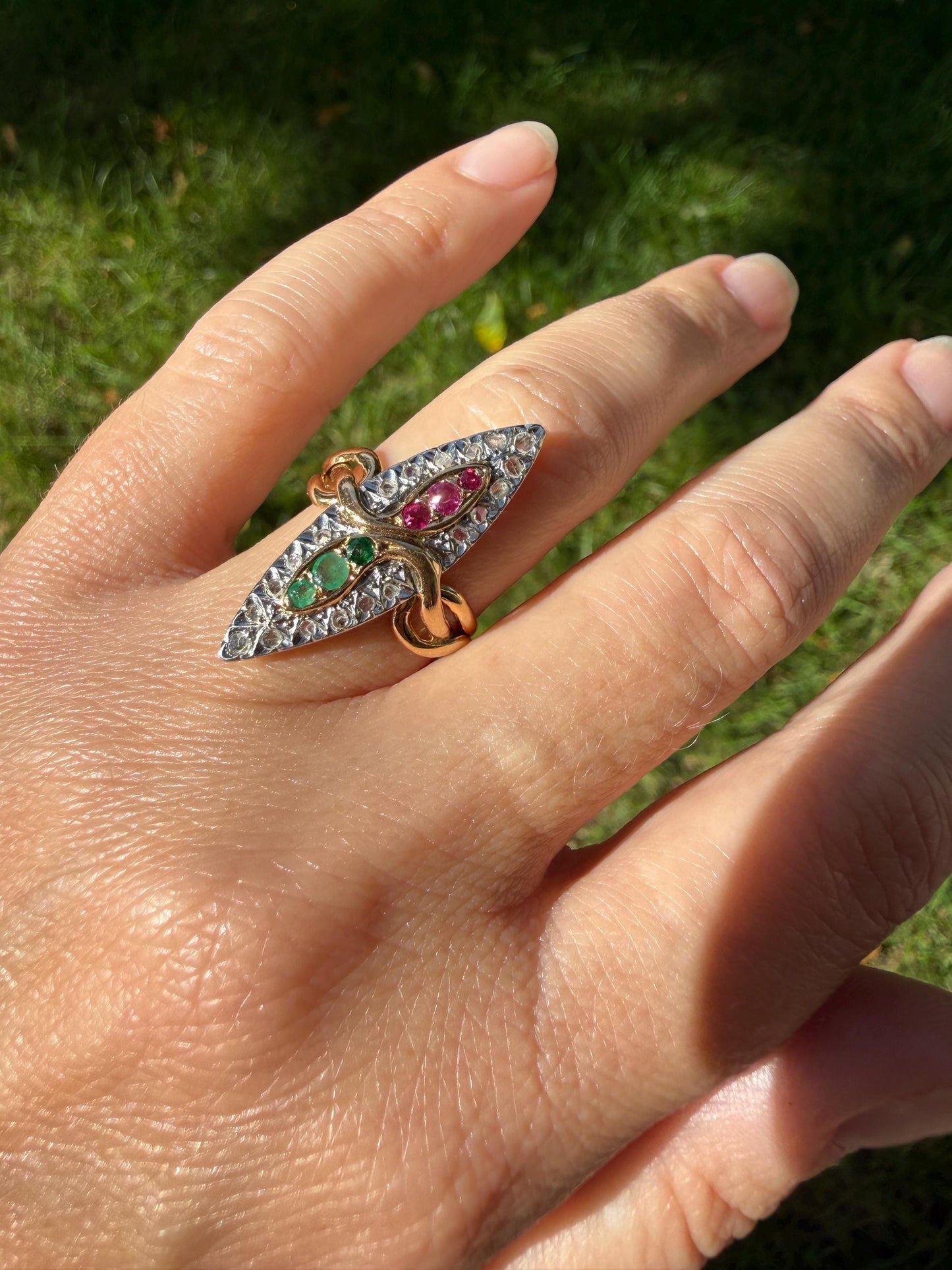 Double SNAKES Antique Ring Natural Ruby Emerald Rose Cut DIAMOND Halo Navette Ring 18k Gold Platinum Red Green Victorian
