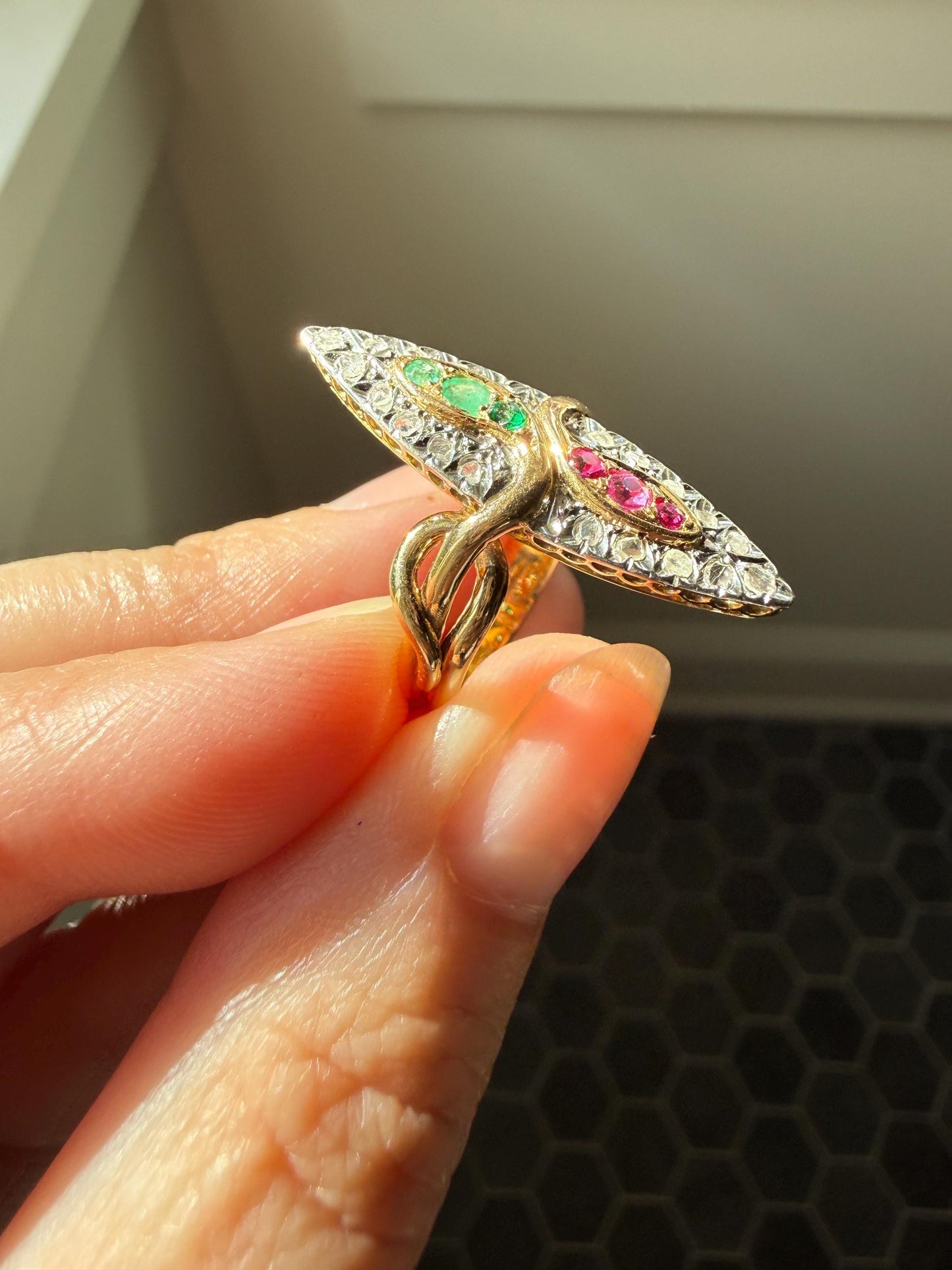 Double SNAKES Antique Ring Natural Ruby Emerald Rose Cut DIAMOND Halo Navette Ring 18k Gold Platinum Red Green Victorian