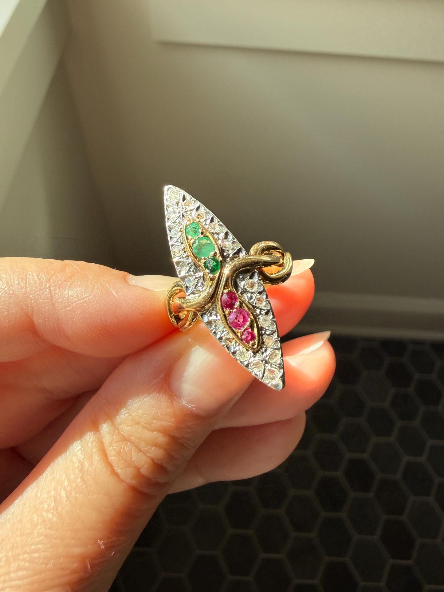 Double SNAKES Antique Ring Natural Ruby Emerald Rose Cut DIAMOND Halo Navette Ring 18k Gold Platinum Red Green Victorian