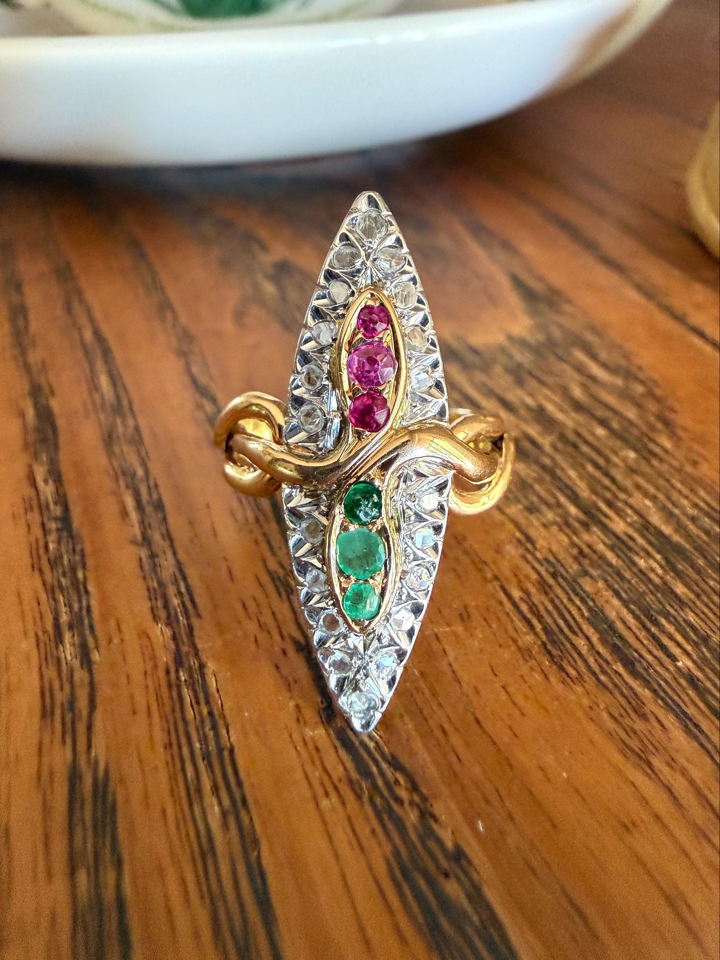 Double SNAKES Antique Ring Natural Ruby Emerald Rose Cut DIAMOND Halo Navette Ring 18k Gold Platinum Red Green Victorian