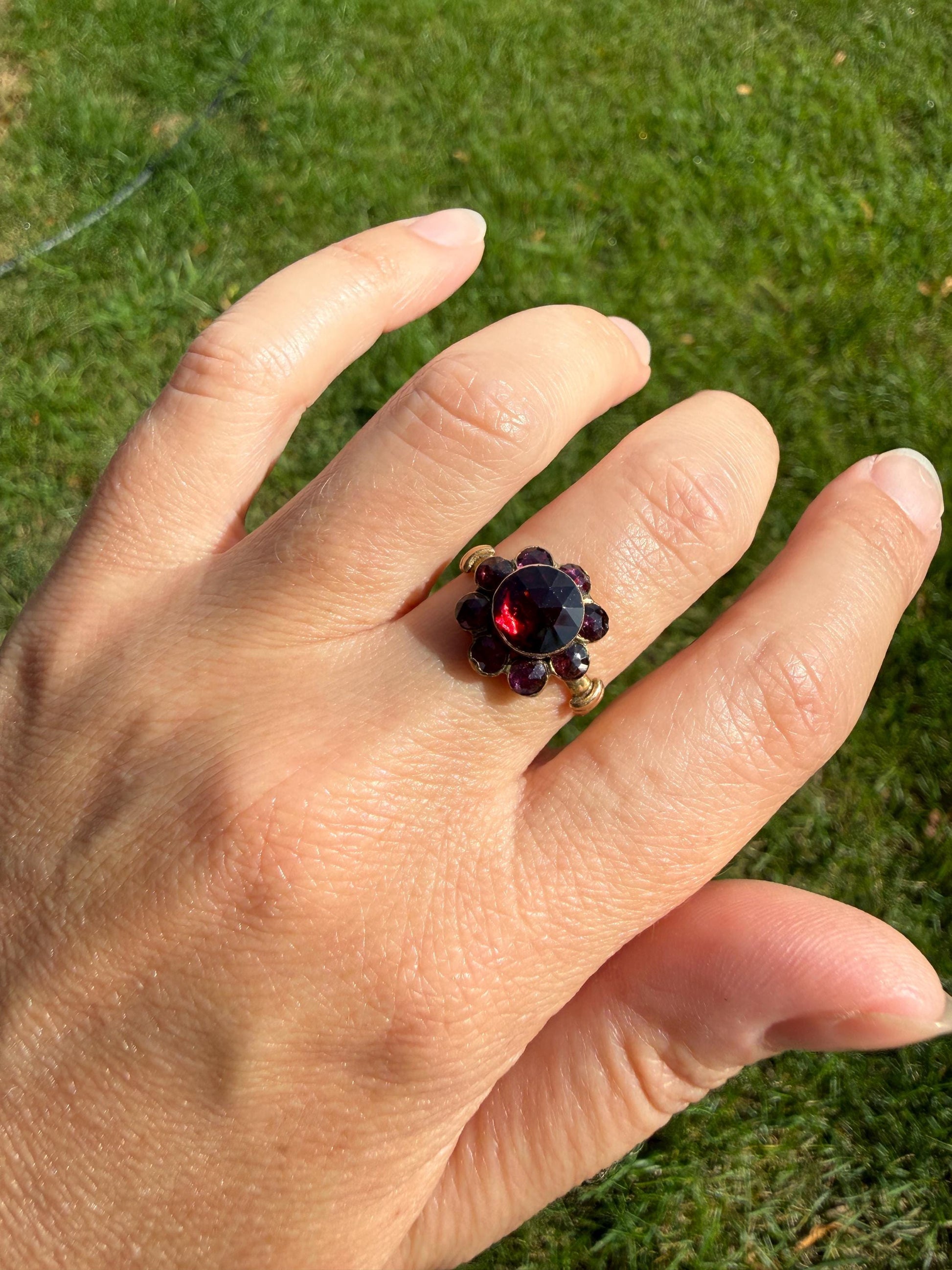 Antique Perpignan GARNET Almandine Cluster Ring French VICTORIAN Era 18k Gold Floral Daisy Glowing Purple Pink Sparkle Bezel Set