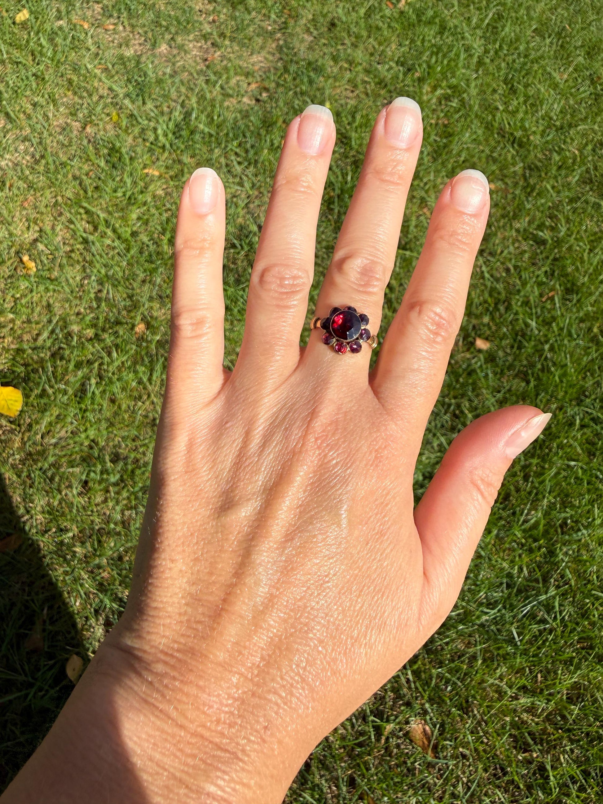 Antique Perpignan GARNET Almandine Cluster Ring French VICTORIAN Era 18k Gold Floral Daisy Glowing Purple Pink Sparkle Bezel Set