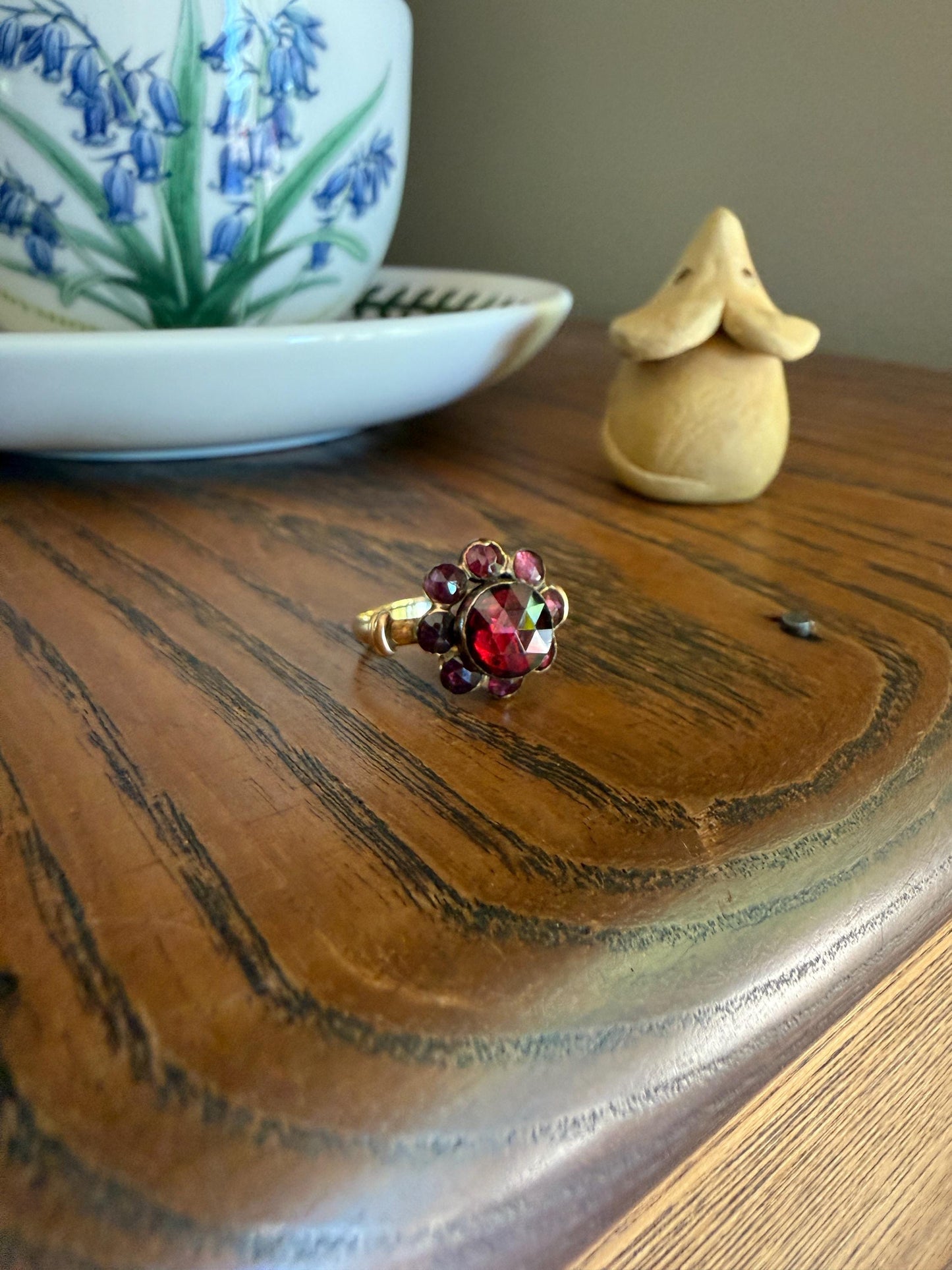 Antique Perpignan GARNET Almandine Cluster Ring French VICTORIAN Era 18k Gold Floral Daisy Glowing Purple Pink Sparkle Bezel Set