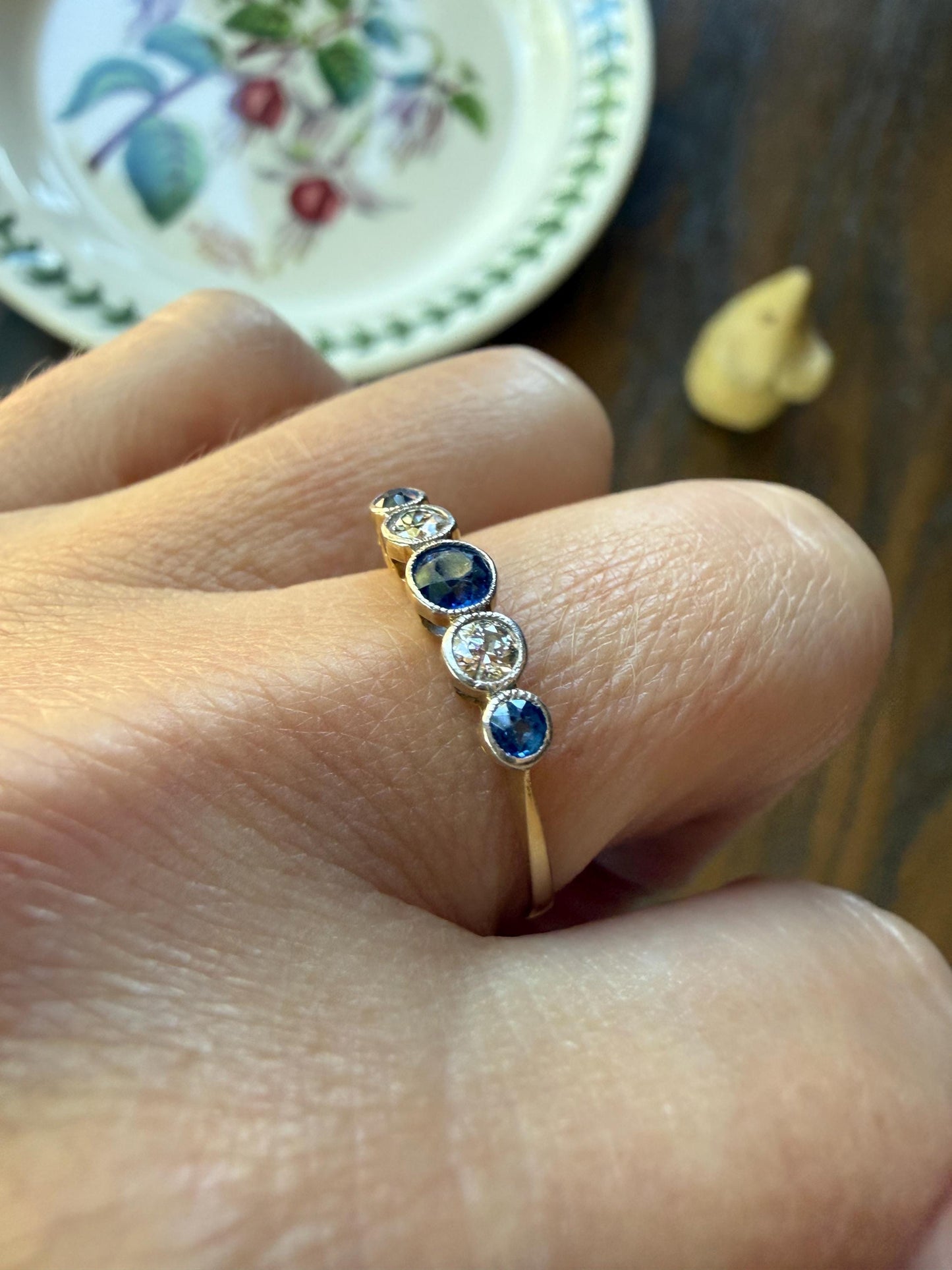 Antique 18k Gold Five Stone Stacker Ring SAPPHIRE Transitional Cut DIAMOND Alternating Row Ring Skinny Band Linear Two Tone Blue Unique Gift