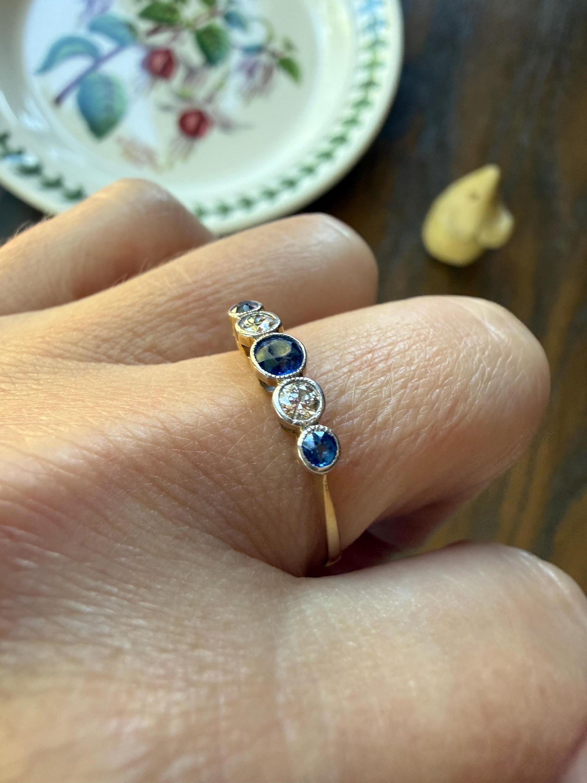 Antique 18k Gold Five Stone Stacker Ring SAPPHIRE Transitional Cut DIAMOND Alternating Row Ring Skinny Band Linear Two Tone Blue Unique Gift