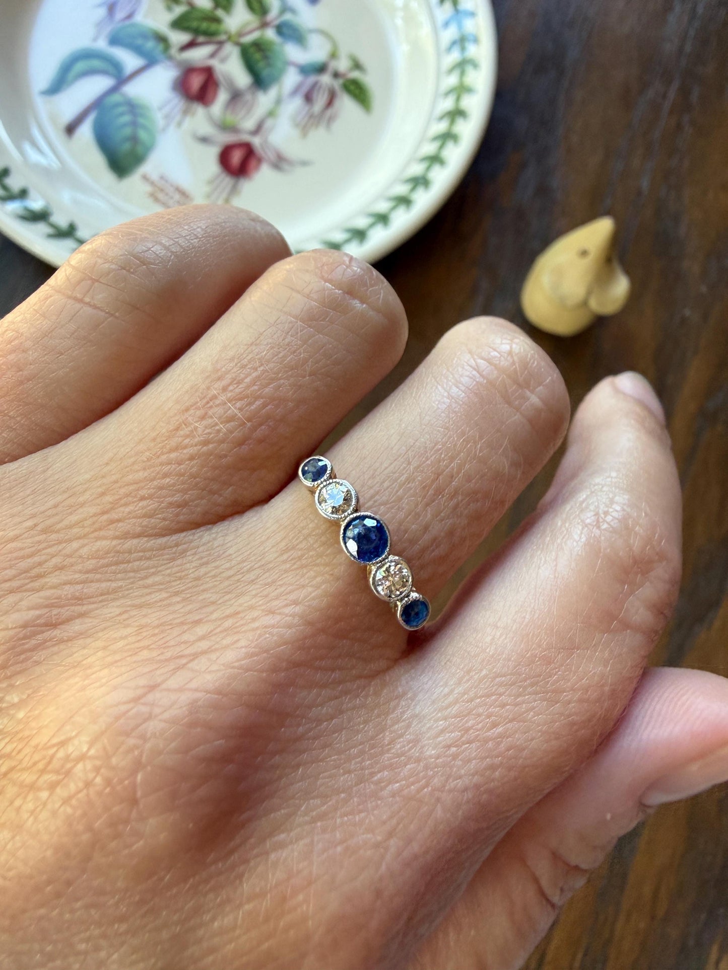 Antique 18k Gold Five Stone Stacker Ring SAPPHIRE Transitional Cut DIAMOND Alternating Row Ring Skinny Band Linear Two Tone Blue Unique Gift