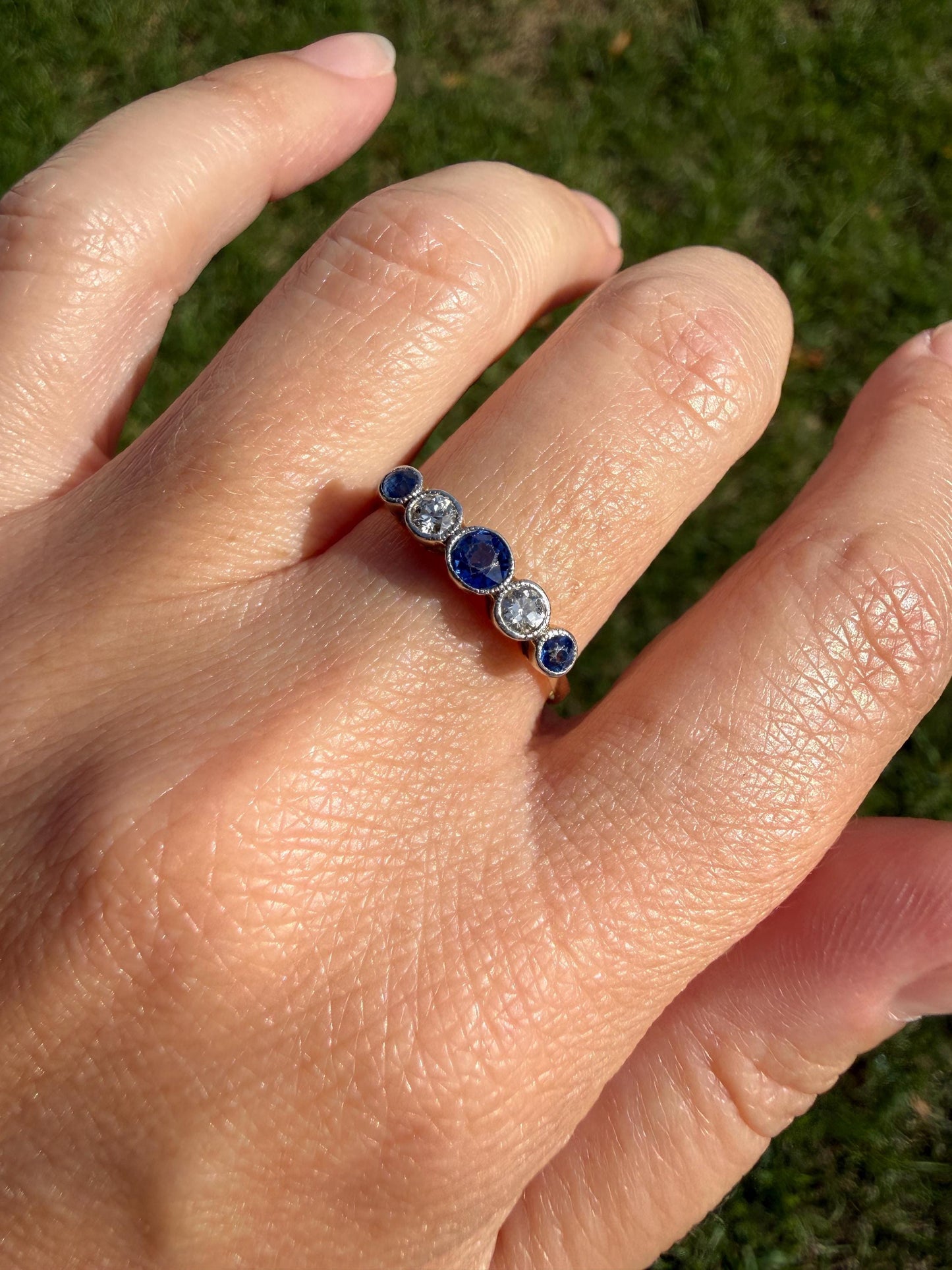 Antique 18k Gold Five Stone Stacker Ring SAPPHIRE Transitional Cut DIAMOND Alternating Row Ring Skinny Band Linear Two Tone Blue Unique Gift