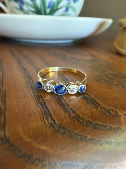 Antique 18k Gold Five Stone Stacker Ring SAPPHIRE Transitional Cut DIAMOND Alternating Row Ring Skinny Band Linear Two Tone Blue Unique Gift