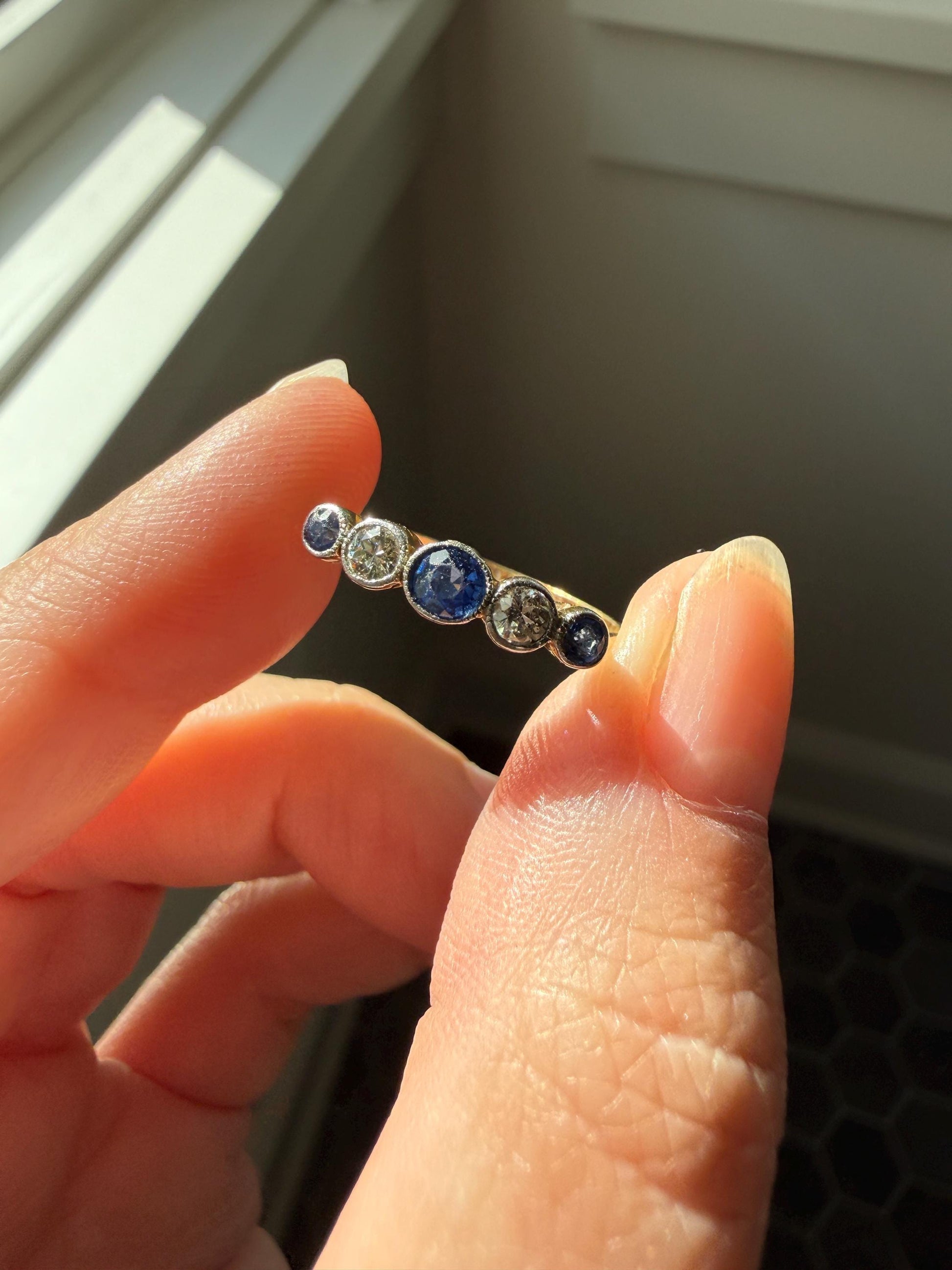 Antique 18k Gold Five Stone Stacker Ring SAPPHIRE Transitional Cut DIAMOND Alternating Row Ring Skinny Band Linear Two Tone Blue Unique Gift