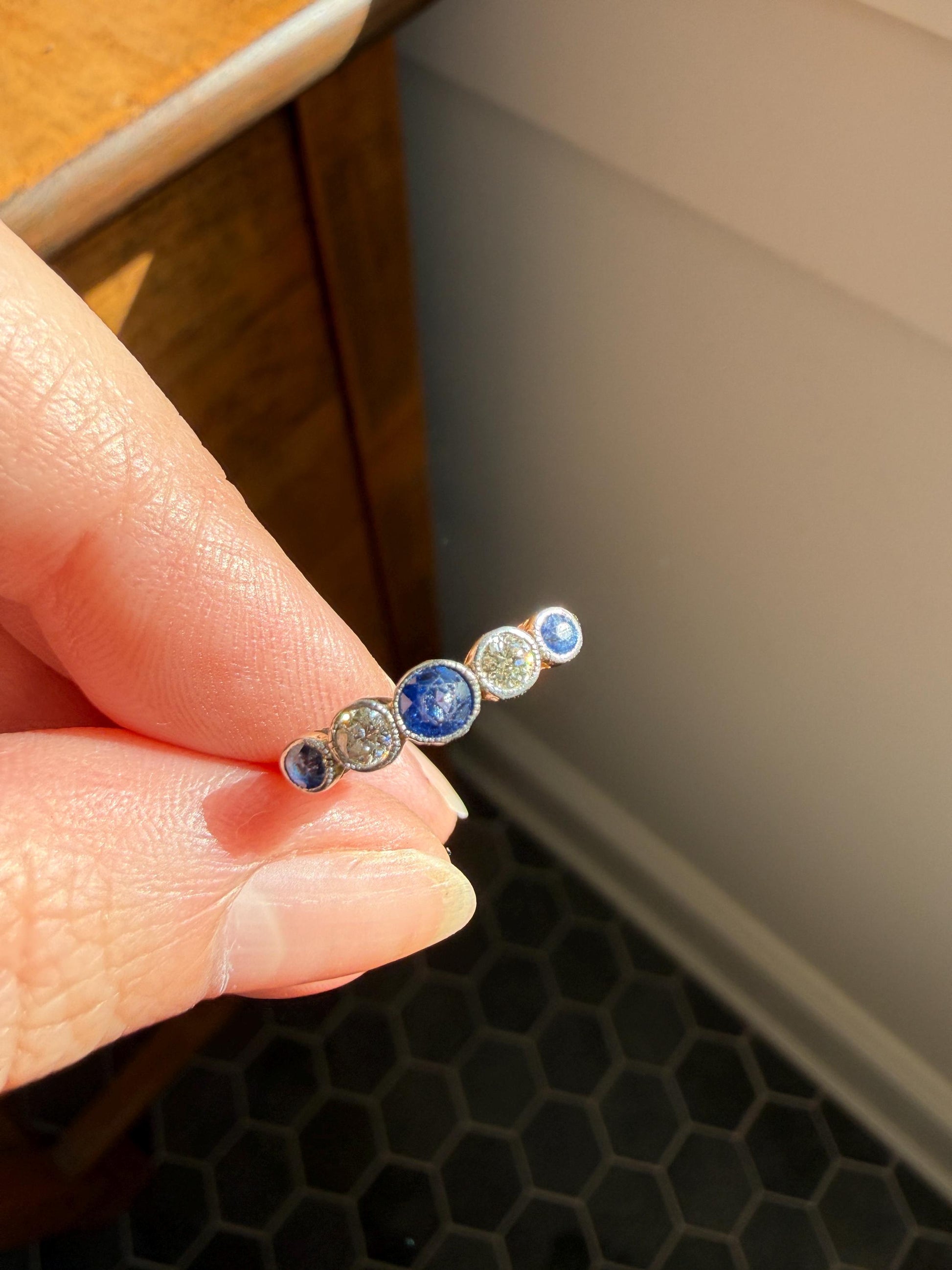 Antique 18k Gold Five Stone Stacker Ring SAPPHIRE Transitional Cut DIAMOND Alternating Row Ring Skinny Band Linear Two Tone Blue Unique Gift