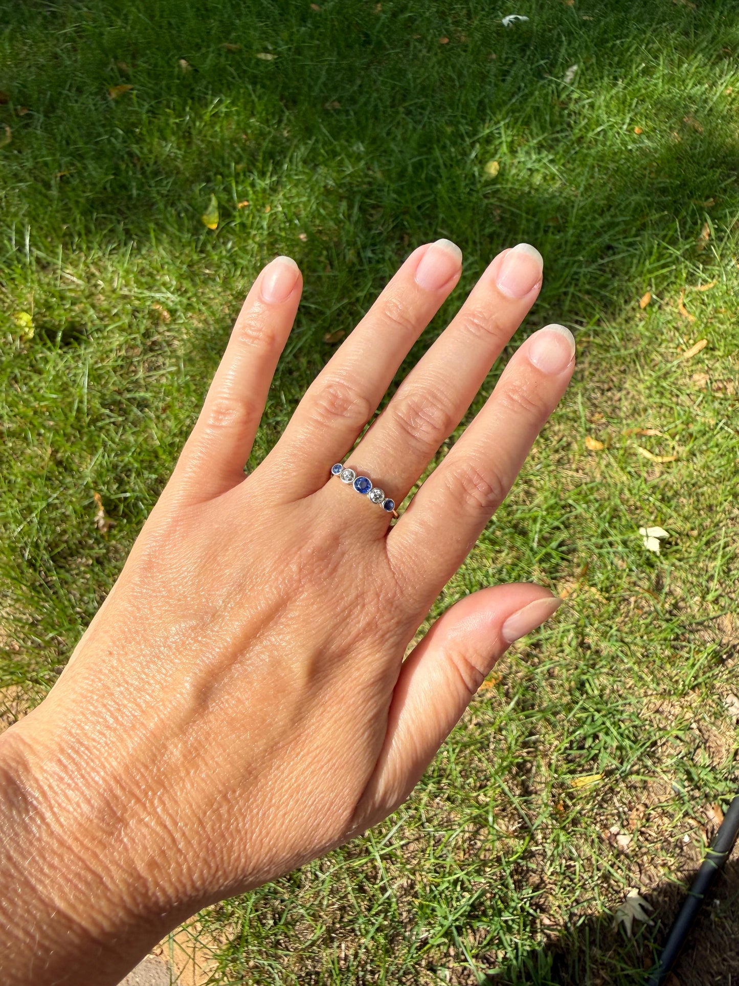 Antique 18k Gold Five Stone Stacker Ring SAPPHIRE Transitional Cut DIAMOND Alternating Row Ring Skinny Band Linear Two Tone Blue Unique Gift