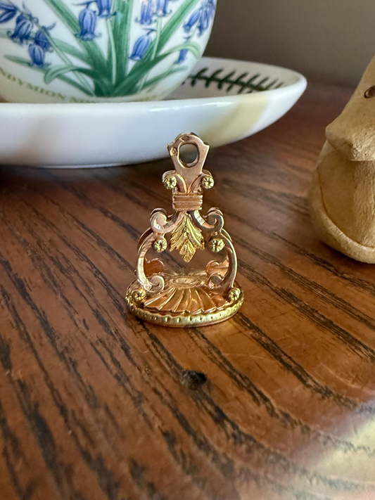 Heavy Letter " G " Fob Pendant French Antique 9g 18k Gold Solid Victorian Rose & Green Wax Seal Acanthus Leaf Belle Epoque Initial