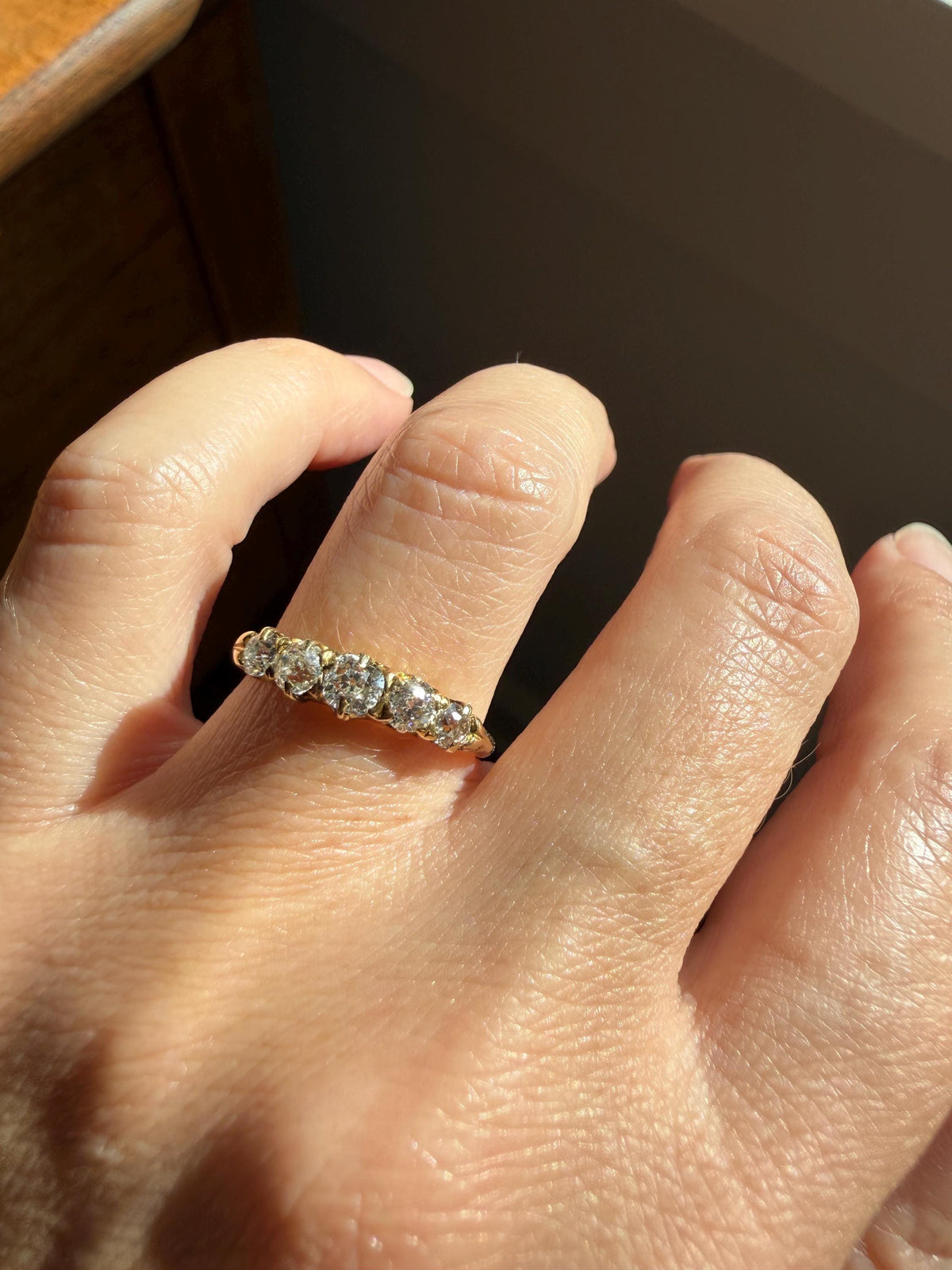 Victorian Antique .8 Carat Old Mine Cut Diamond Five Stone Ring 18k Gold Eye Clean Daily Wearer Band