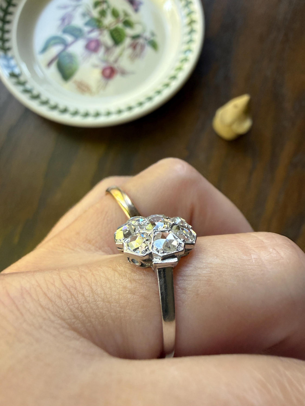 Antique Old Mine & Rose Cut Diamond Cobblestone Daisy Cluster Ring PLATINUM French Edwardian Disco Ball Halo