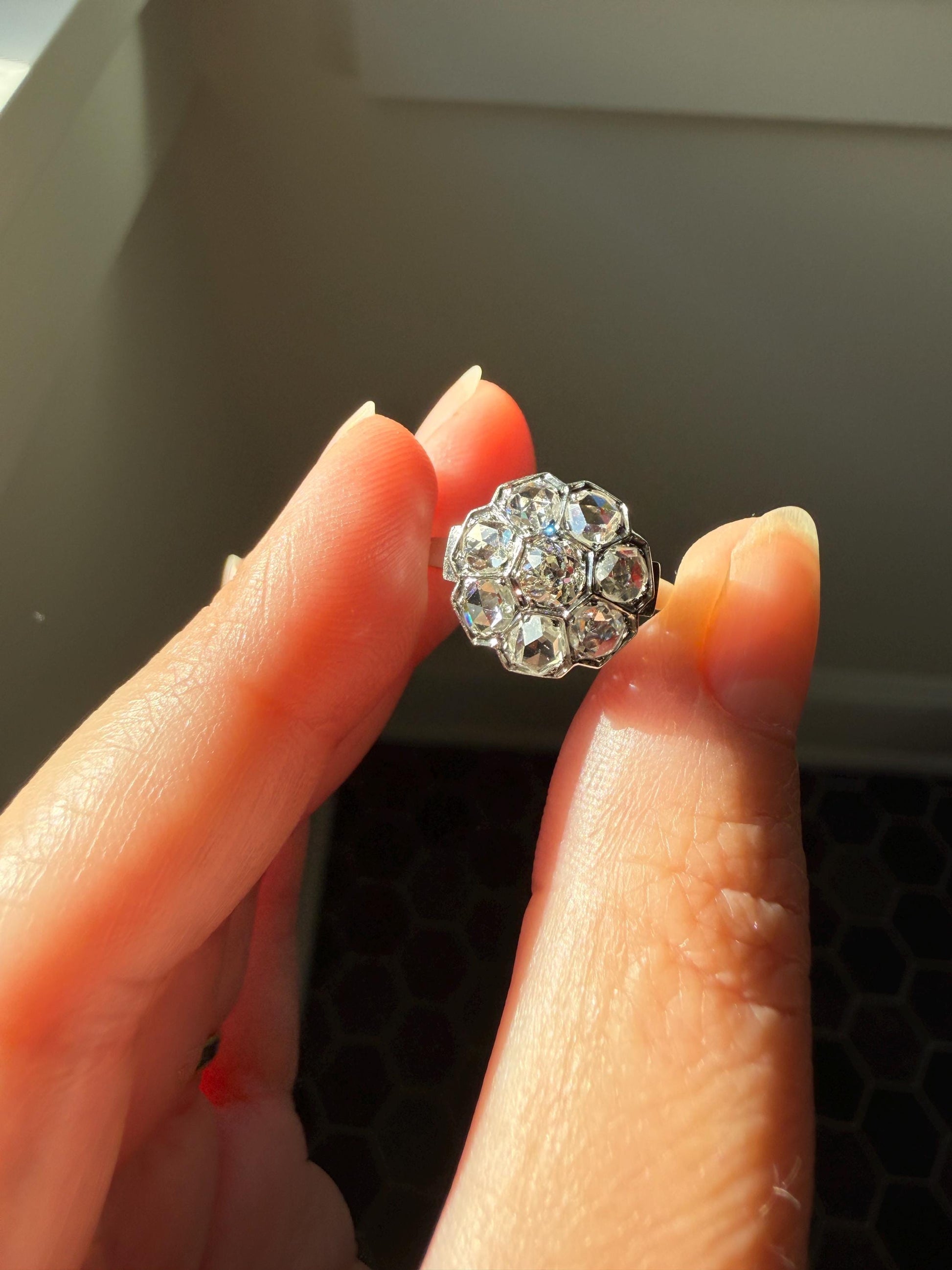 Antique Old Mine & Rose Cut Diamond Cobblestone Daisy Cluster Ring PLATINUM French Edwardian Disco Ball Halo