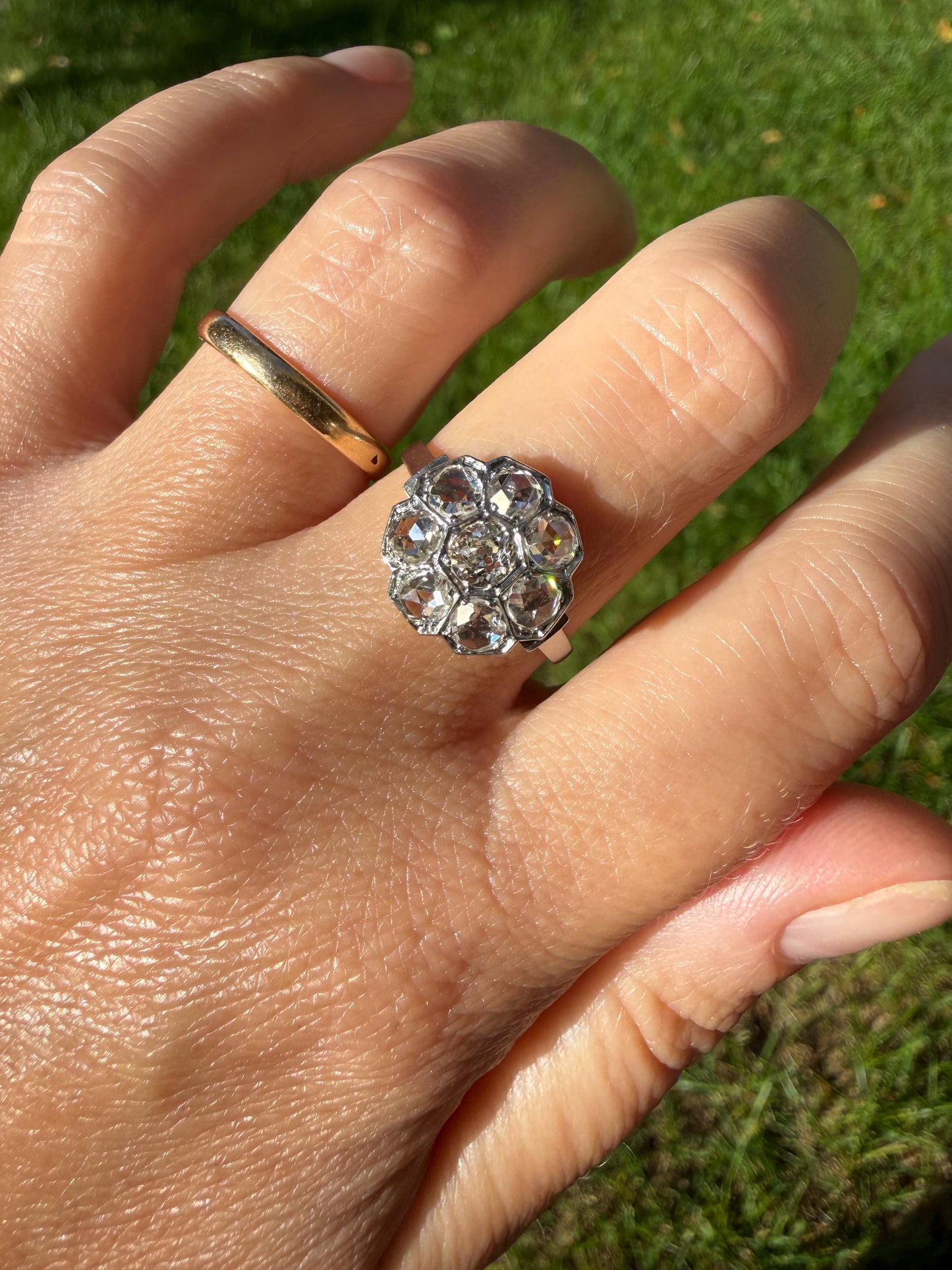 Antique Old Mine & Rose Cut Diamond Cobblestone Daisy Cluster Ring PLATINUM French Edwardian Disco Ball Halo
