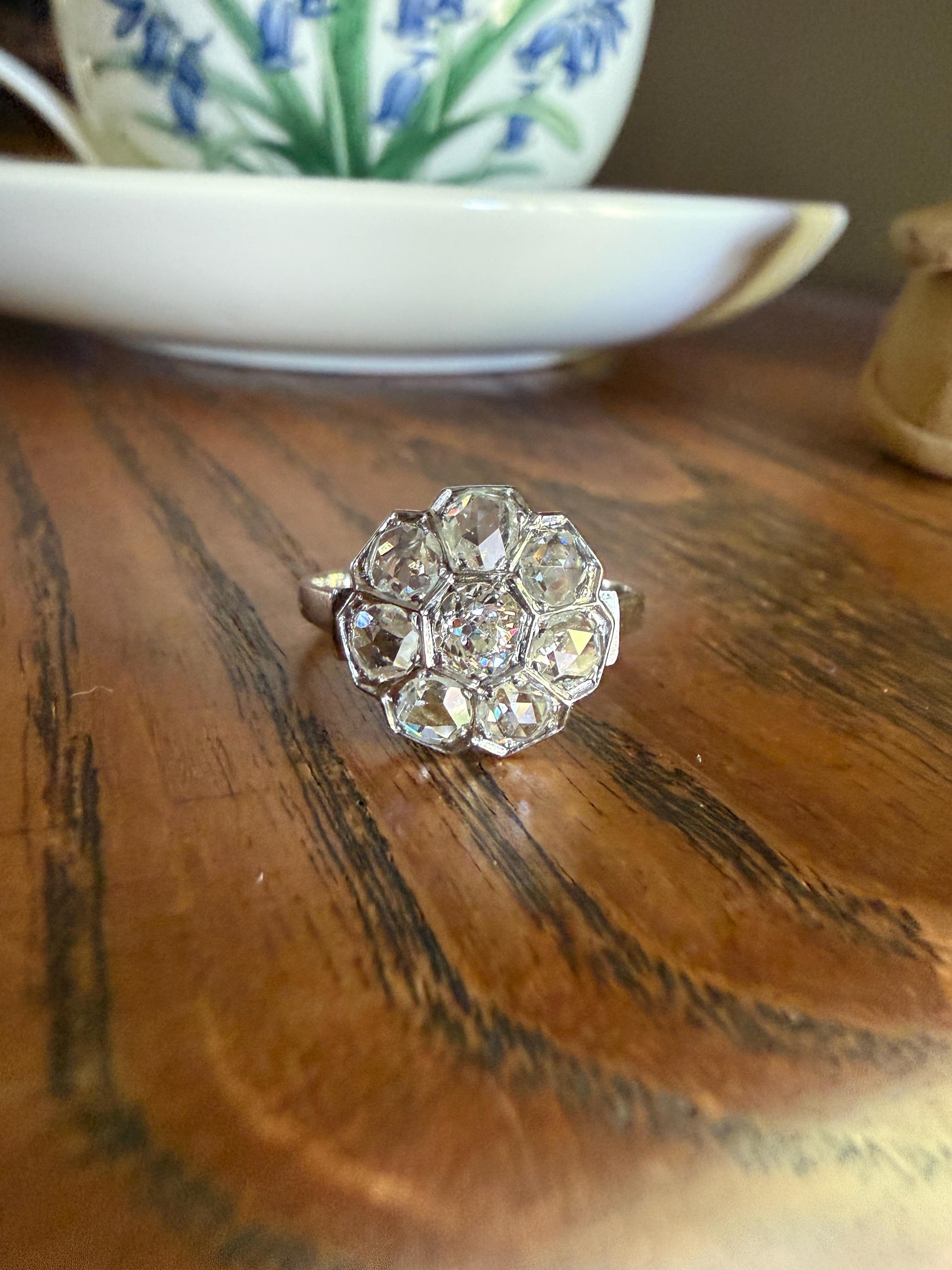 Antique Old Mine & Rose Cut Diamond Cobblestone Daisy Cluster Ring PLATINUM French Edwardian Disco Ball Halo