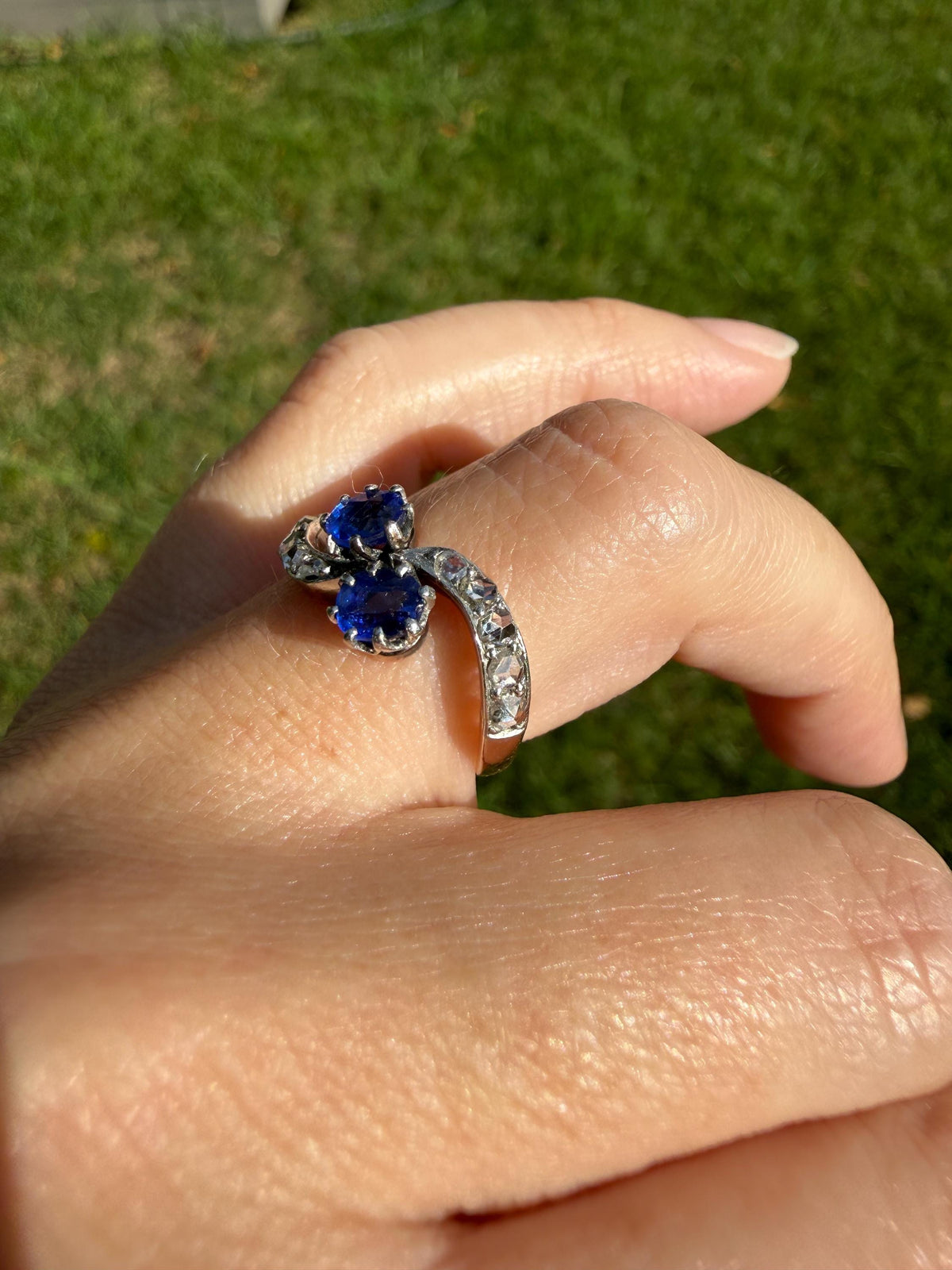 DATED 1894 Antique Victorian Blue Gemstone Rose Cut Diamond Toi et Moi Ring 18k Gold Platinum Bypass Swirl Band French Sapphire Doublet?
