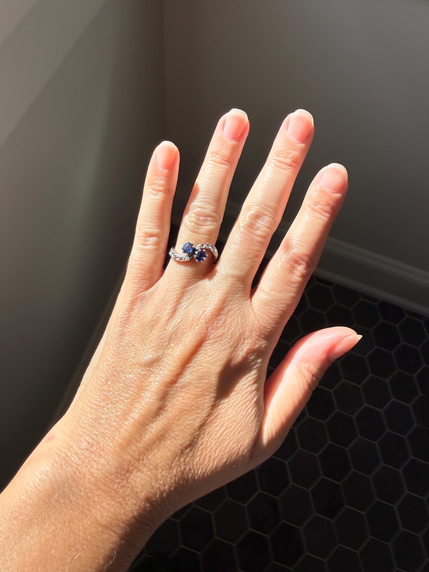DATED 1894 Antique Victorian Blue Gemstone Rose Cut Diamond Toi et Moi Ring 18k Gold Platinum Bypass Swirl Band French Sapphire Doublet?