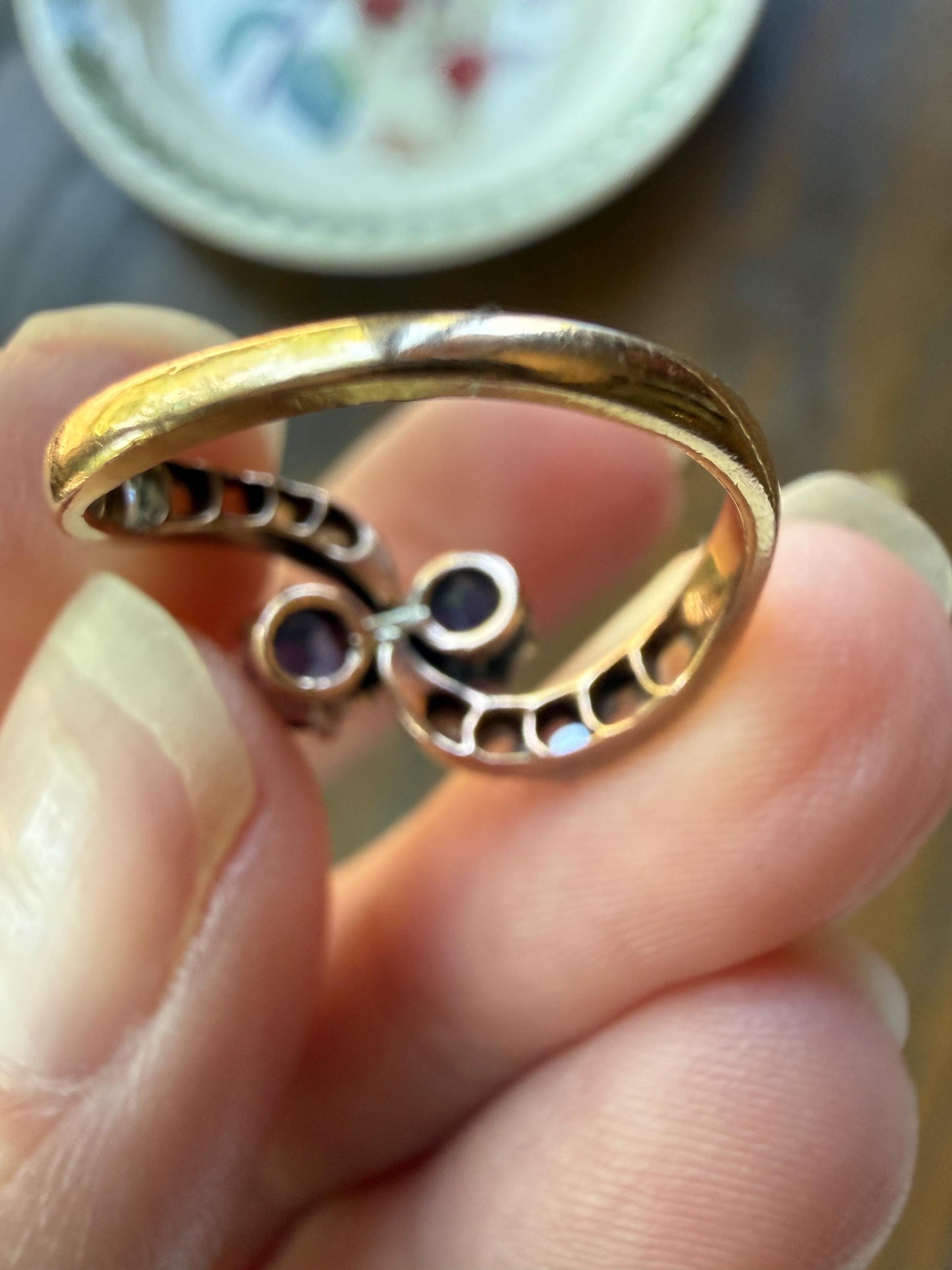 DATED 1894 Antique Victorian Blue Gemstone Rose Cut Diamond Toi et Moi Ring 18k Gold Platinum Bypass Swirl Band French Sapphire Doublet?