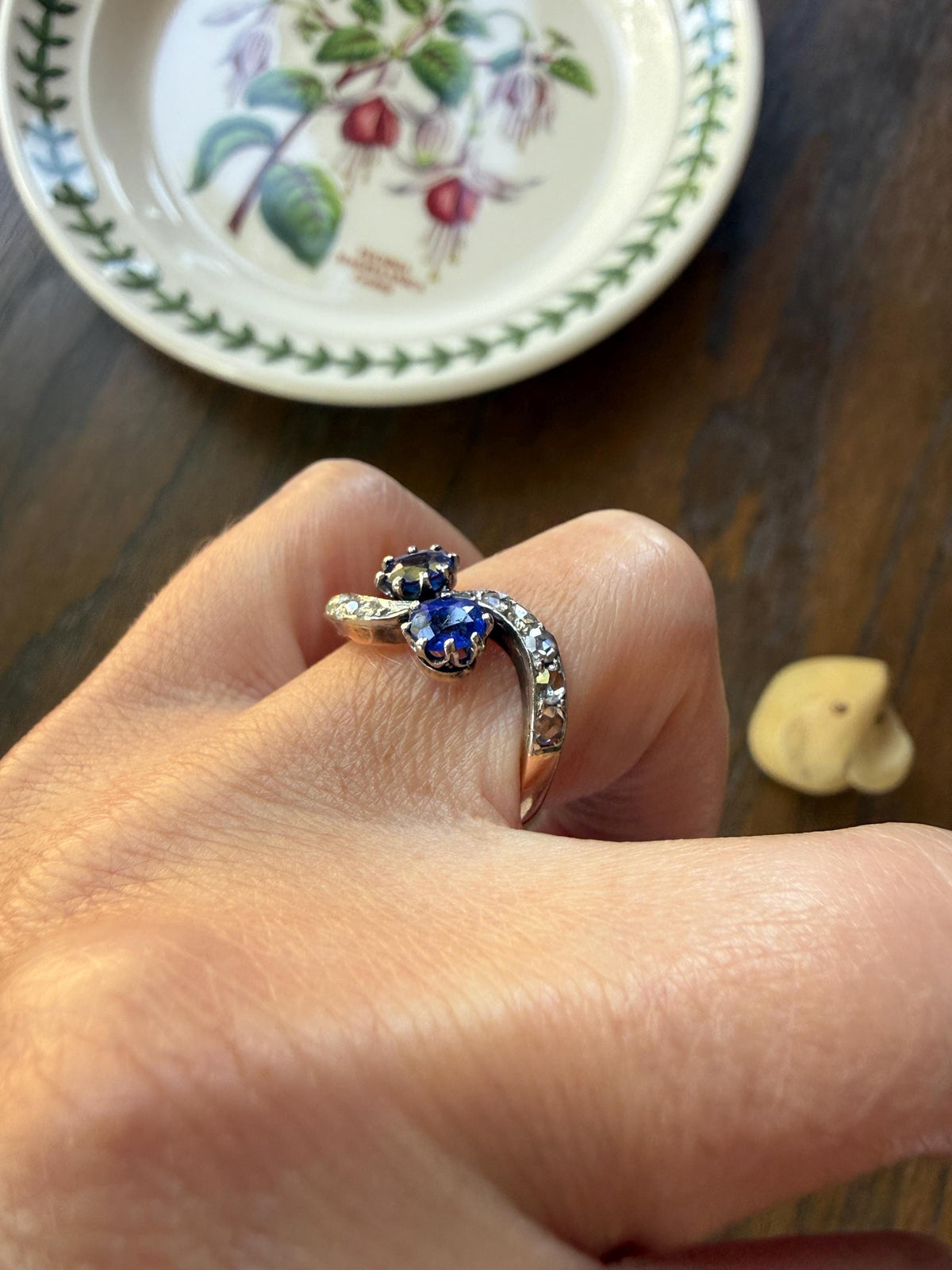 DATED 1894 Antique Victorian Blue Gemstone Rose Cut Diamond Toi et Moi Ring 18k Gold Platinum Bypass Swirl Band French Sapphire Doublet?