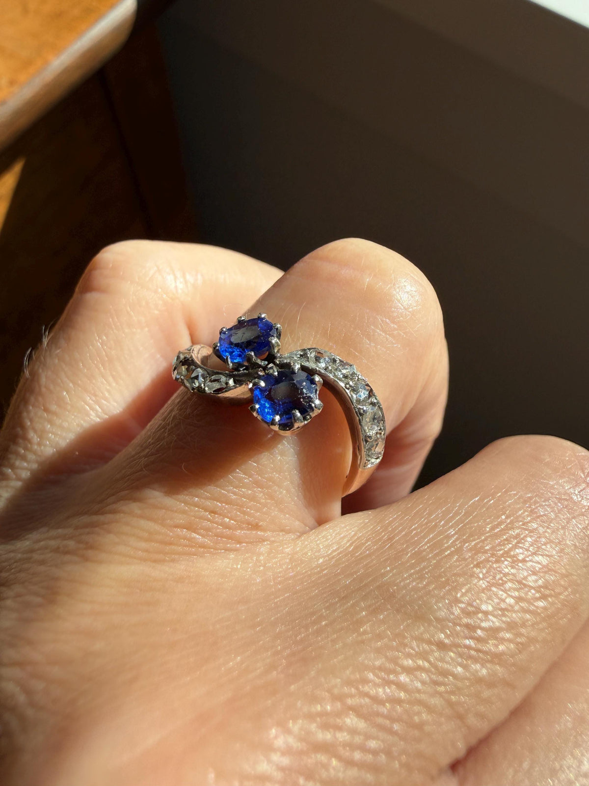 DATED 1894 Antique Victorian Blue Gemstone Rose Cut Diamond Toi et Moi Ring 18k Gold Platinum Bypass Swirl Band French Sapphire Doublet?