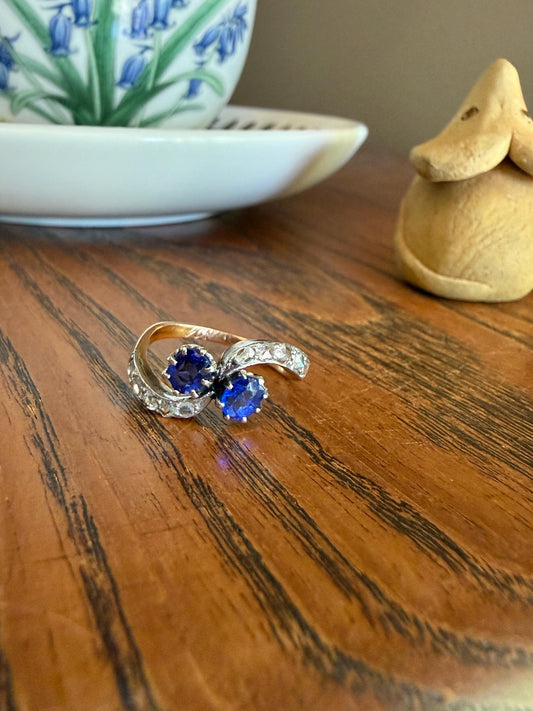 DATED 1894 Antique Victorian Blue Gemstone Rose Cut Diamond Toi et Moi Ring 18k Gold Platinum Bypass Swirl Band French Sapphire Doublet?