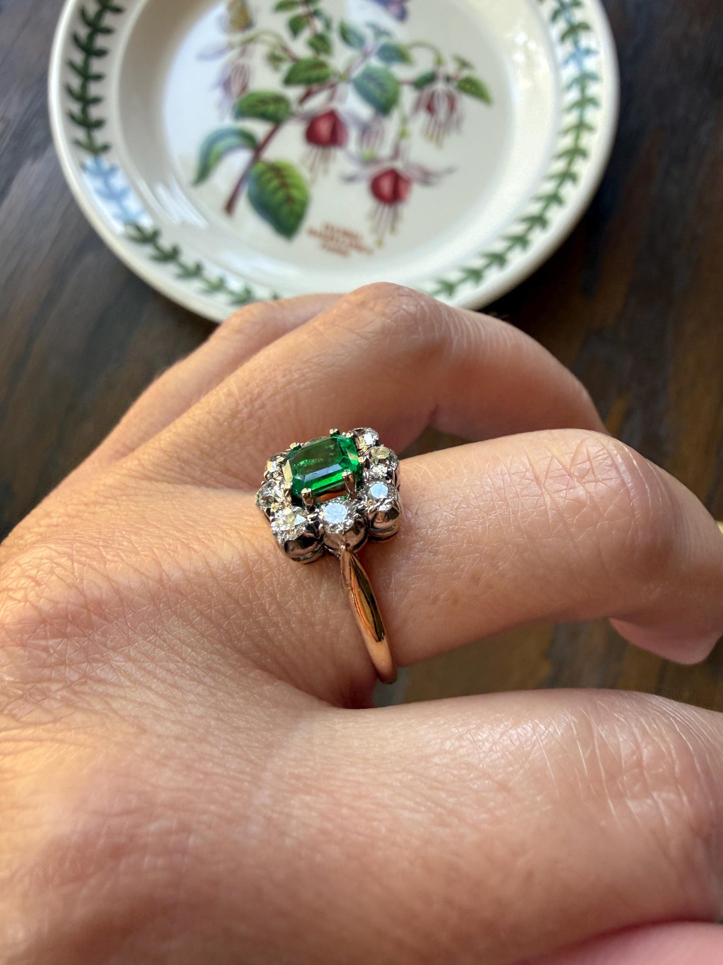 Antique Emerald .75 Carat Old Mine Cut Diamond Halo Ring 18k Gold Silver French Art Deco Green Cluster