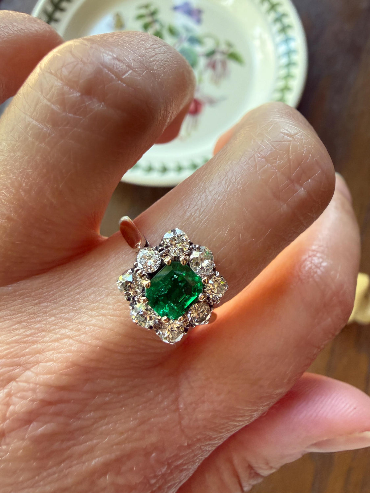 Antique Emerald .75 Carat Old Mine Cut Diamond Halo Ring 18k Gold Silver French Art Deco Green Cluster