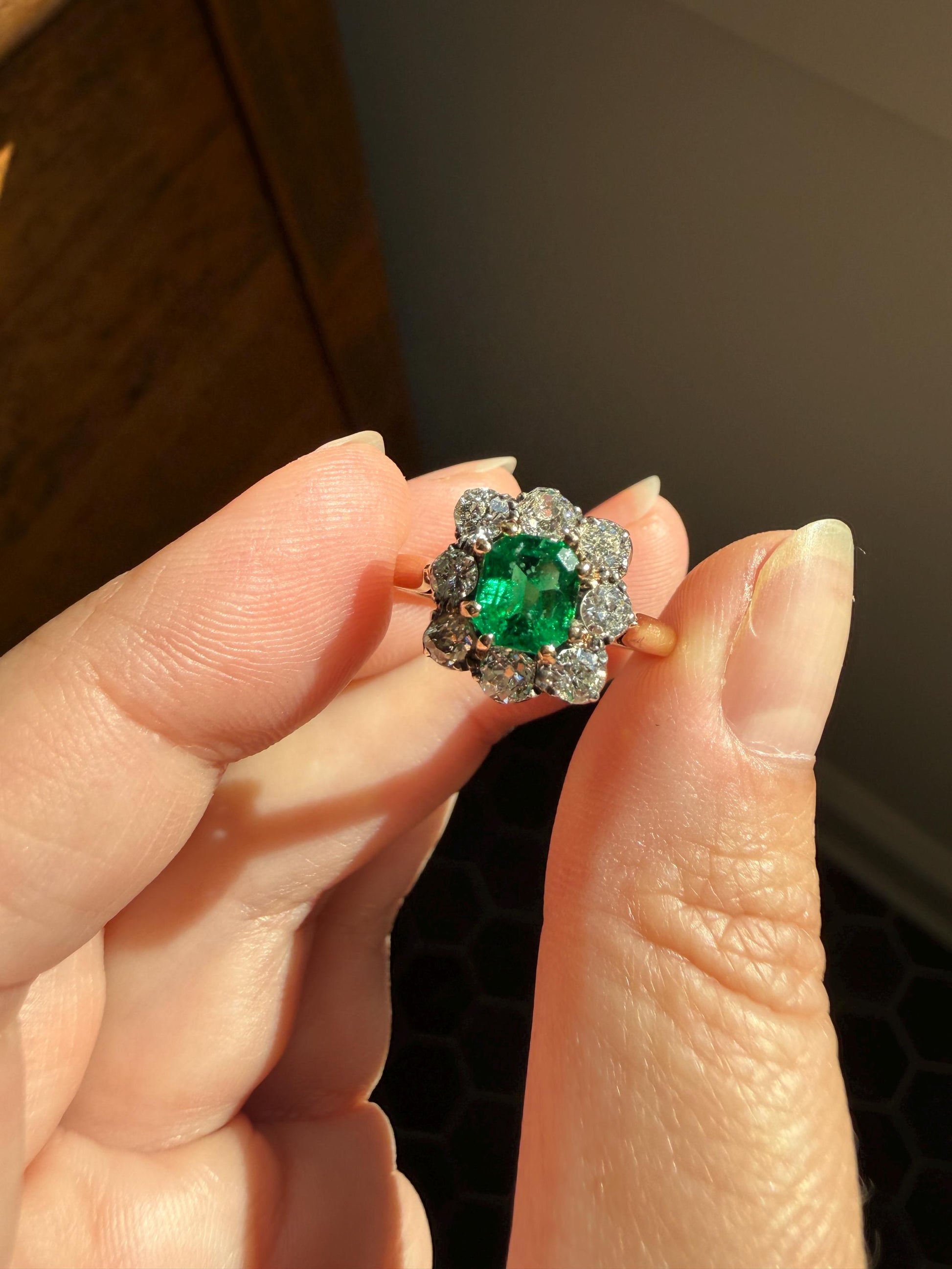 Antique Emerald .75 Carat Old Mine Cut Diamond Halo Ring 18k Gold Silver French Art Deco Green Cluster