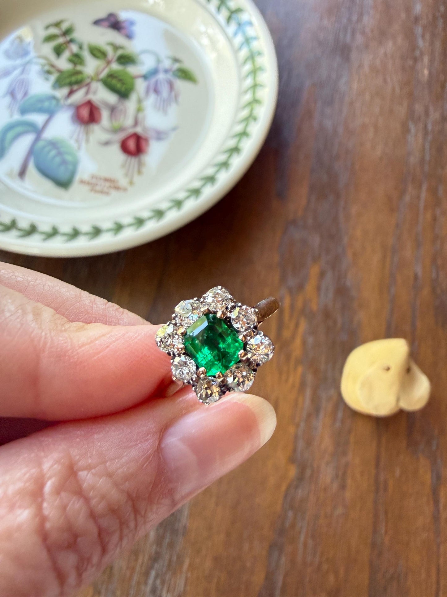 Antique Emerald .75 Carat Old Mine Cut Diamond Halo Ring 18k Gold Silver French Art Deco Green Cluster